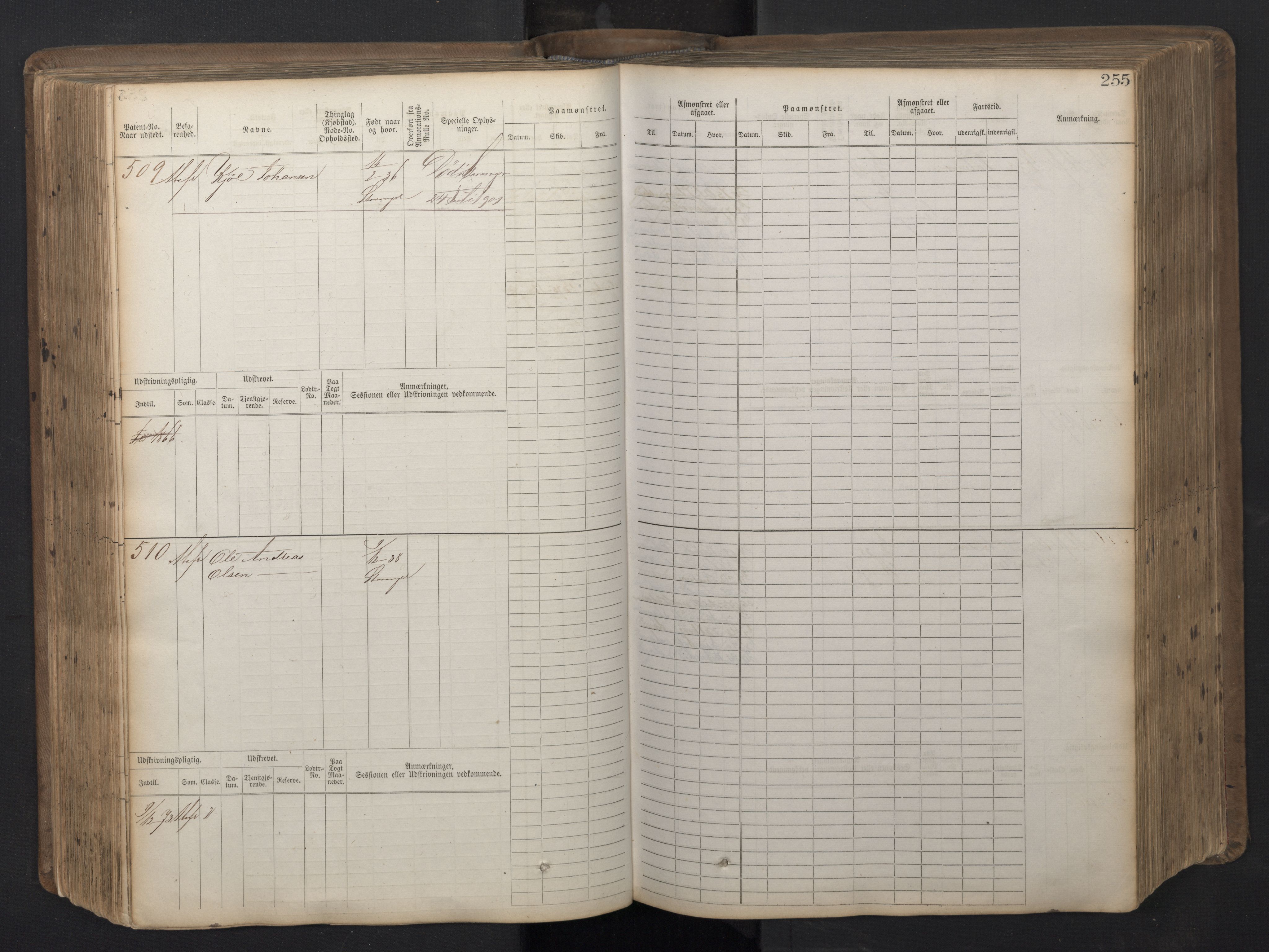 Stavanger sjømannskontor, AV/SAST-A-102006/F/Fb/Fbb/L0016: Sjøfartshovedrulle patnentnr. 1-1202 (dublett), 1869, p. 255