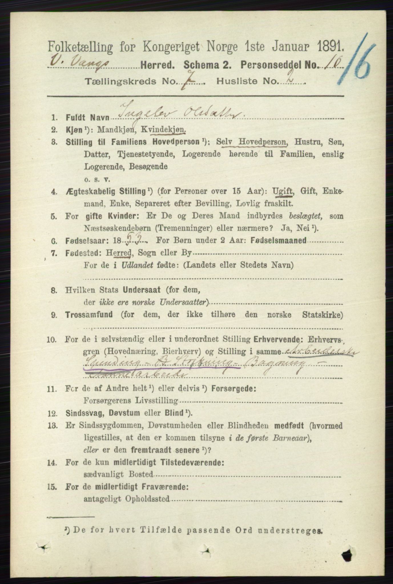 RA, 1891 census for 0545 Vang, 1891, p. 1431