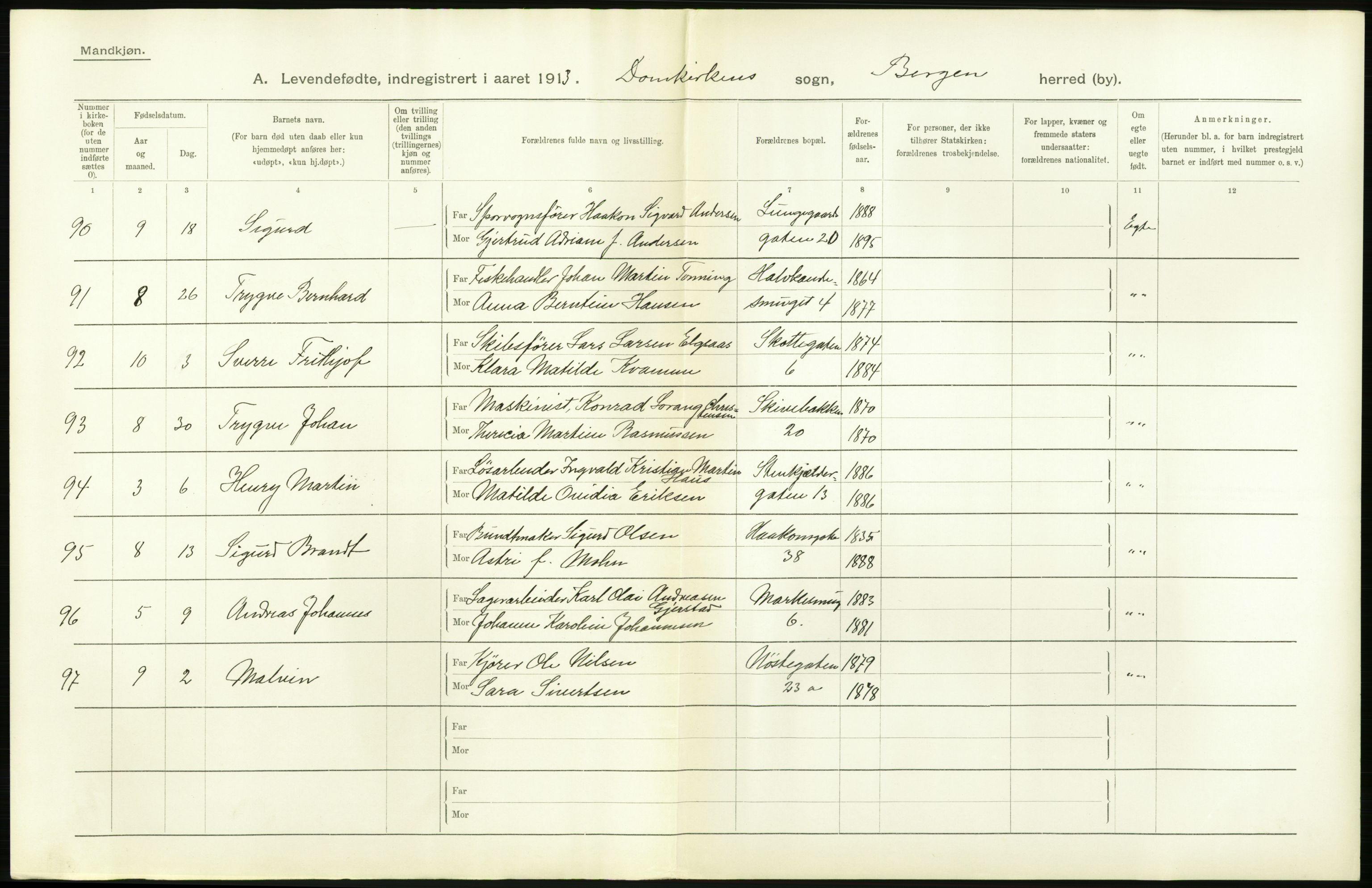 Statistisk sentralbyrå, Sosiodemografiske emner, Befolkning, AV/RA-S-2228/D/Df/Dfb/Dfbc/L0030: Bergen: Levendefødte menn og kvinner., 1913, p. 8