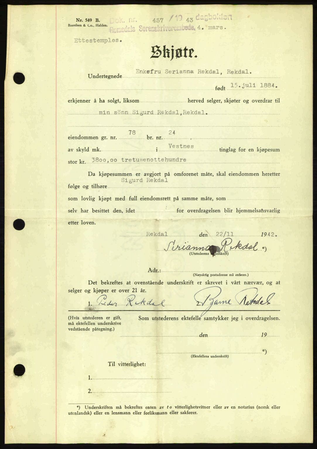 Romsdal sorenskriveri, AV/SAT-A-4149/1/2/2C: Mortgage book no. A14, 1943-1943, Diary no: : 457/1943