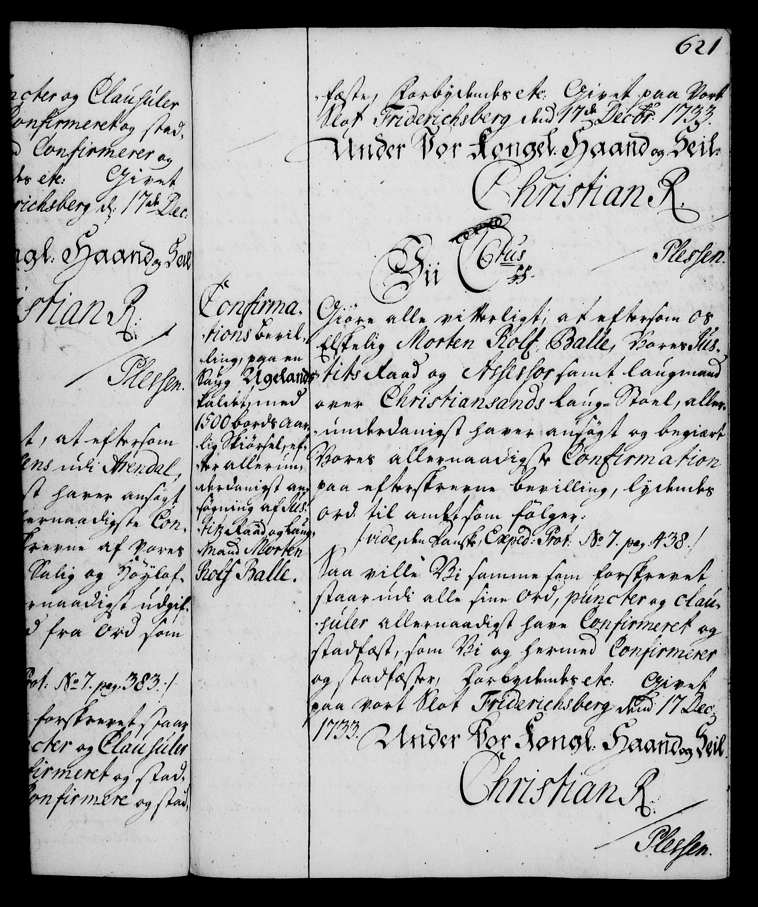 Rentekammeret, Kammerkanselliet, RA/EA-3111/G/Gg/Gga/L0003: Norsk ekspedisjonsprotokoll med register (merket RK 53.3), 1727-1734, p. 621