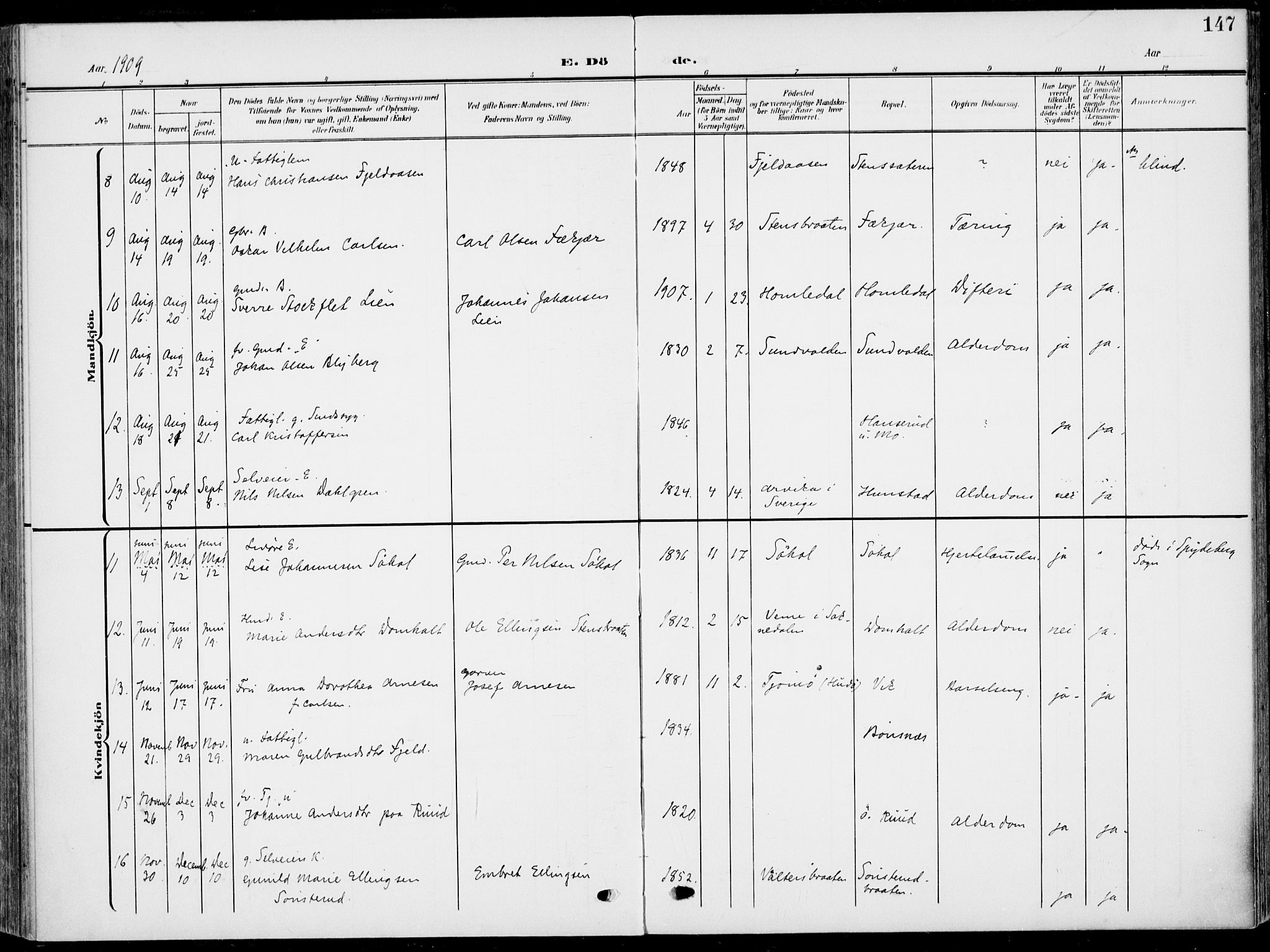 Hole kirkebøker, AV/SAKO-A-228/F/Fa/L0010: Parish register (official) no. I 10, 1907-1917, p. 147