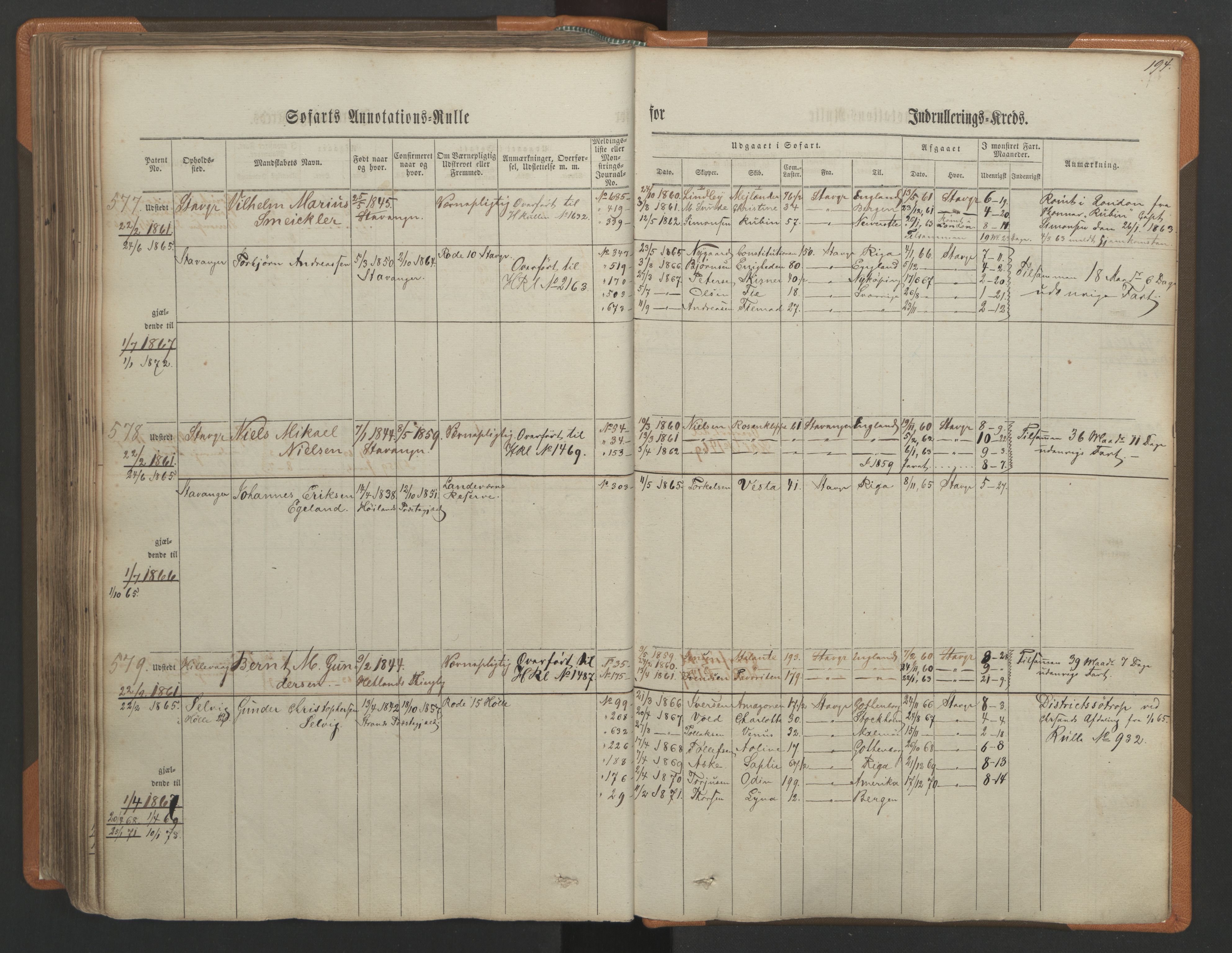 Stavanger sjømannskontor, AV/SAST-A-102006/F/Ff/L0001: Annotasjonsrulle, patentnr. 1-597 (del 1), 1860-1864, p. 204