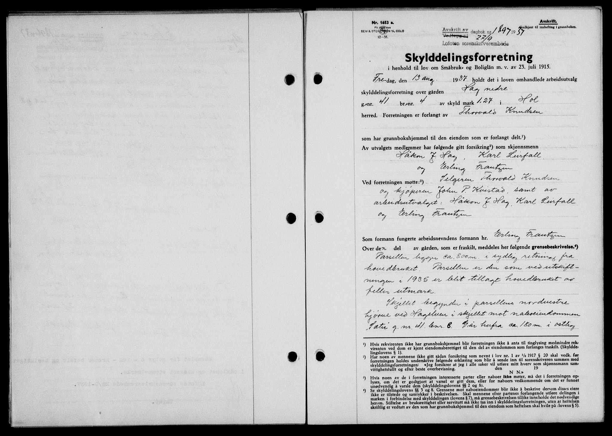 Lofoten sorenskriveri, SAT/A-0017/1/2/2C/L0002a: Mortgage book no. 2a, 1937-1937, Diary no: : 1897/1937