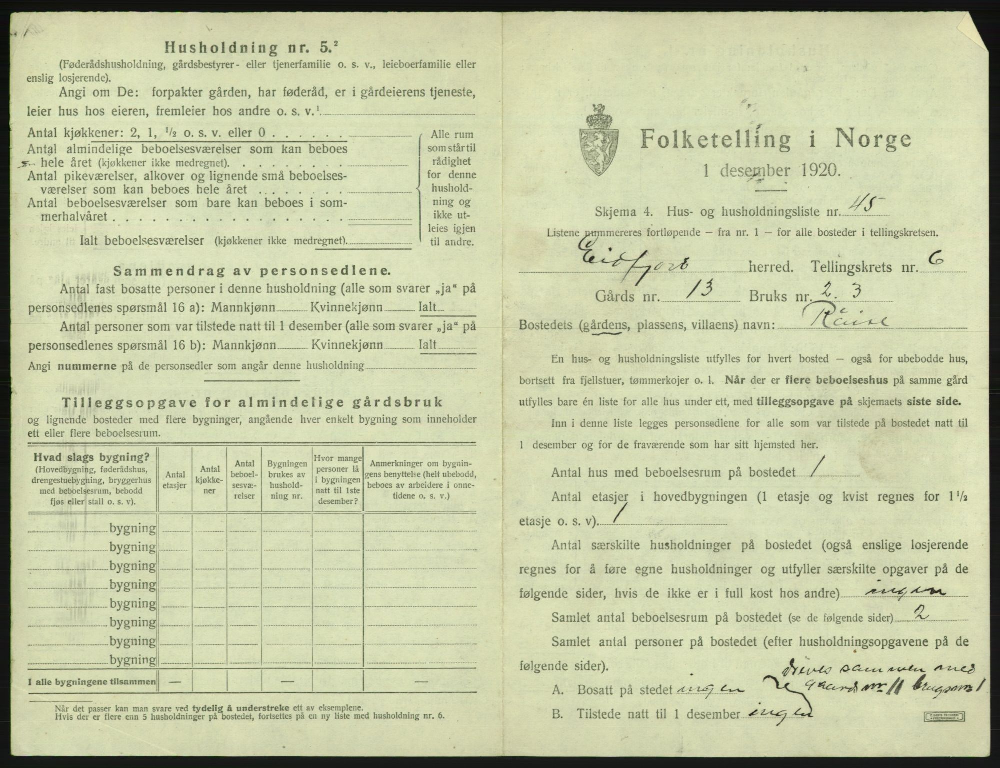 SAB, 1920 census for Eidfjord, 1920, p. 405