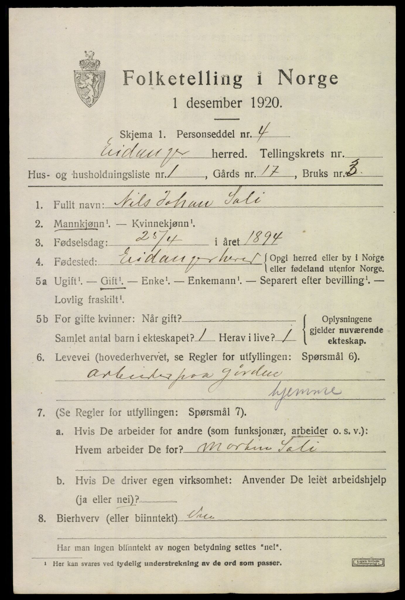 SAKO, 1920 census for Eidanger, 1920, p. 3898