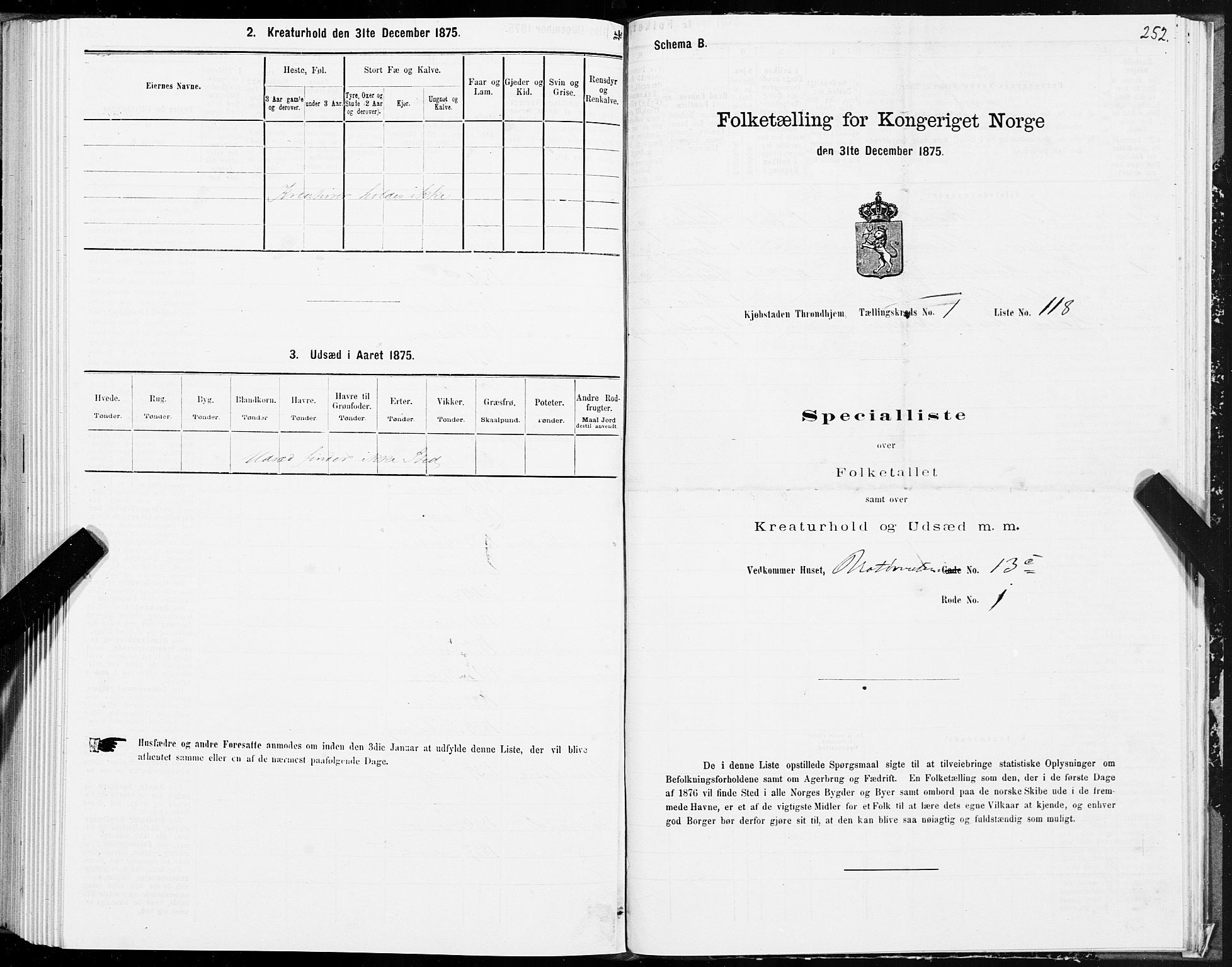 SAT, 1875 census for 1601 Trondheim, 1875, p. 1252