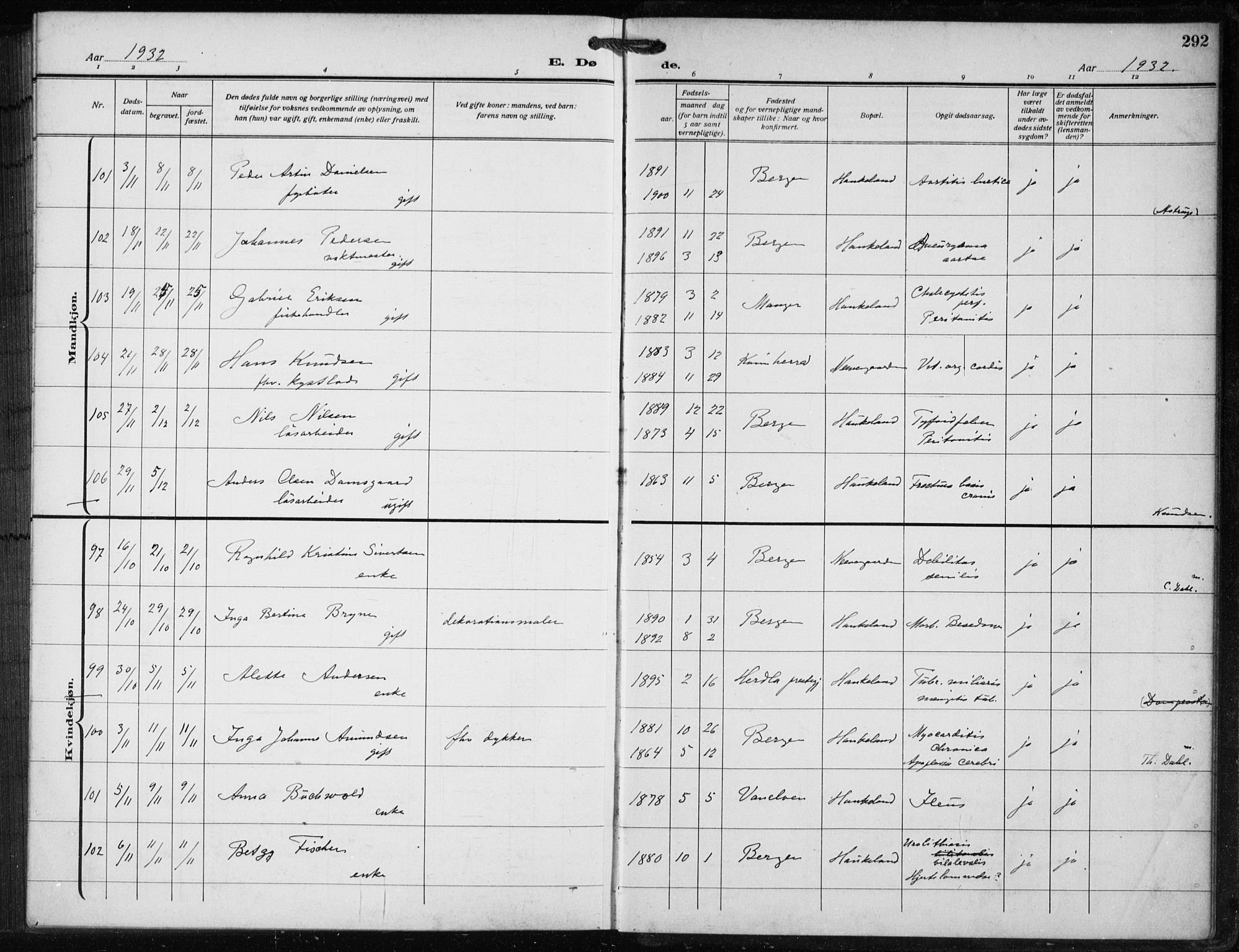 Bergen kommunale pleiehjem - stiftelsespresten, AV/SAB-A-100281: Parish register (official) no. A 7, 1921-1932, p. 292