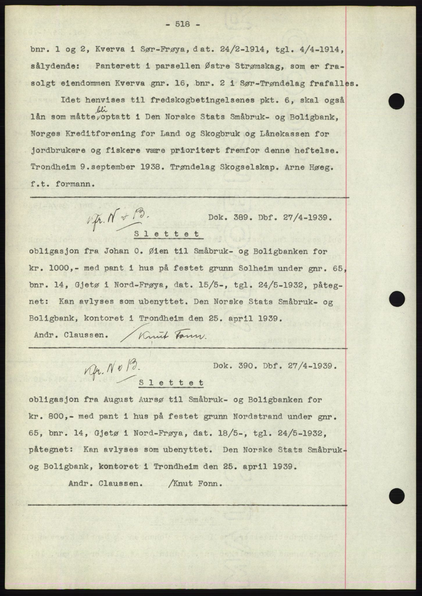 Hitra sorenskriveri, AV/SAT-A-0018/2/2C/2Ca: Mortgage book no. C1, 1936-1945, Diary no: : 389/1939