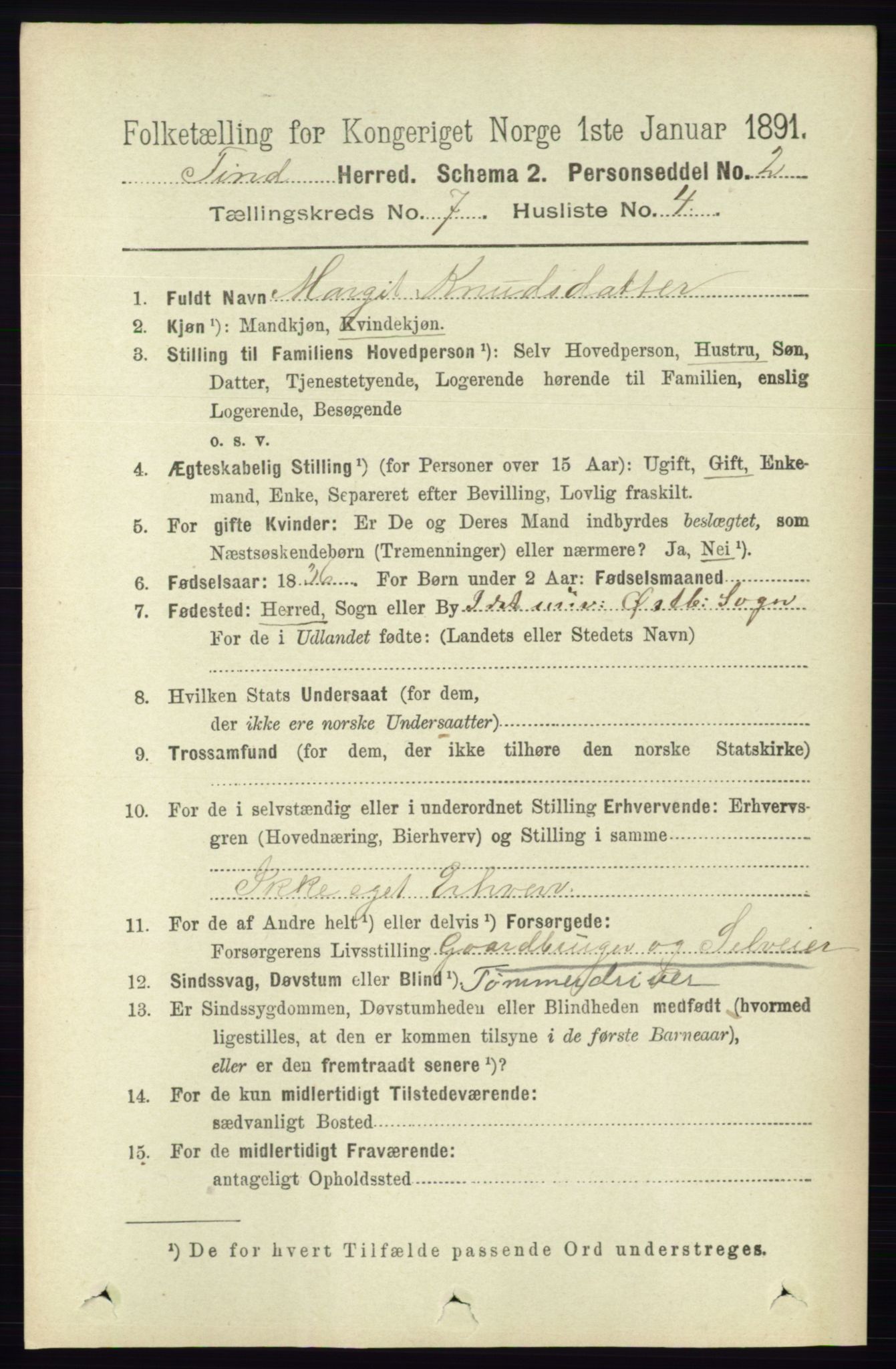 RA, 1891 census for 0826 Tinn, 1891, p. 1452