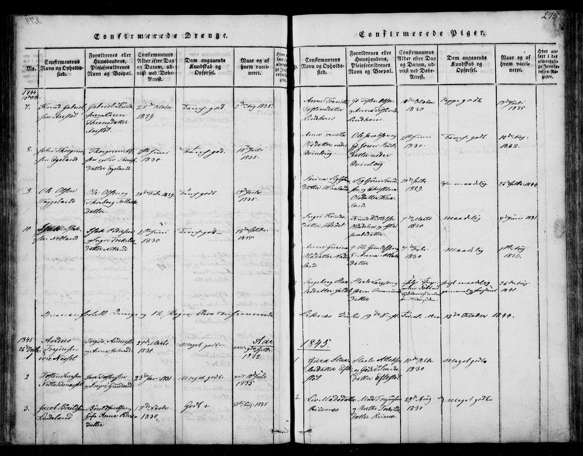 Fjotland sokneprestkontor, AV/SAK-1111-0010/F/Fb/L0001: Parish register (copy) no. B 1, 1816-1849, p. 275