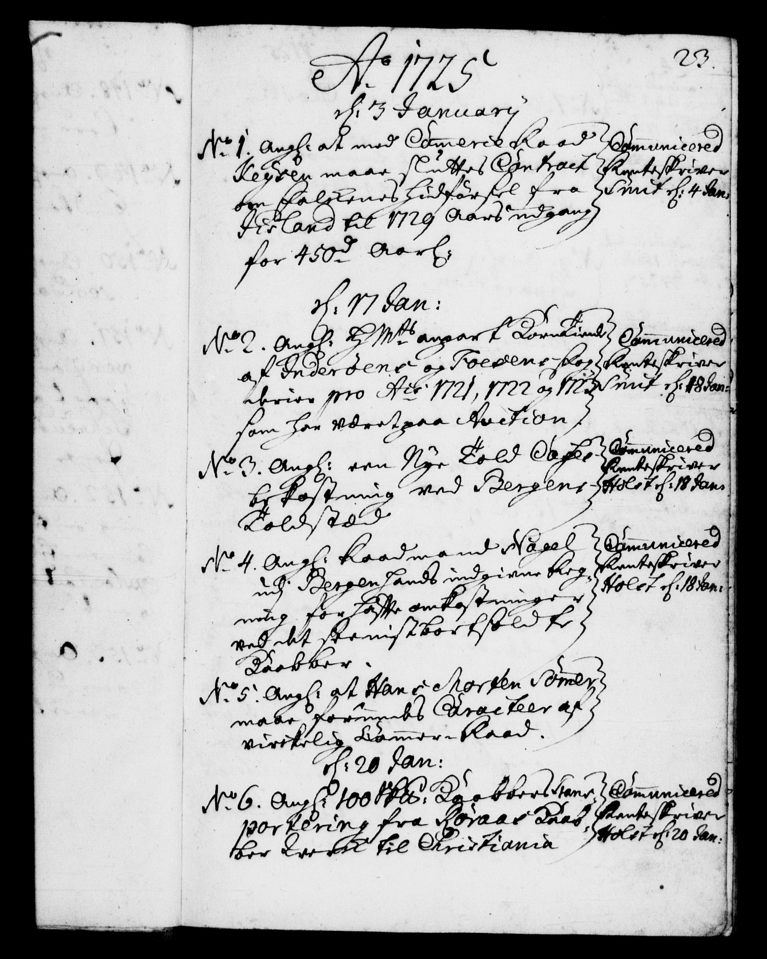 Rentekammeret, Kammerkanselliet, RA/EA-3111/G/Gf/Gfb/L0002: Register til norske relasjons- og resolusjonsprotokoller (merket RK 52.97), 1724-1728, p. 23