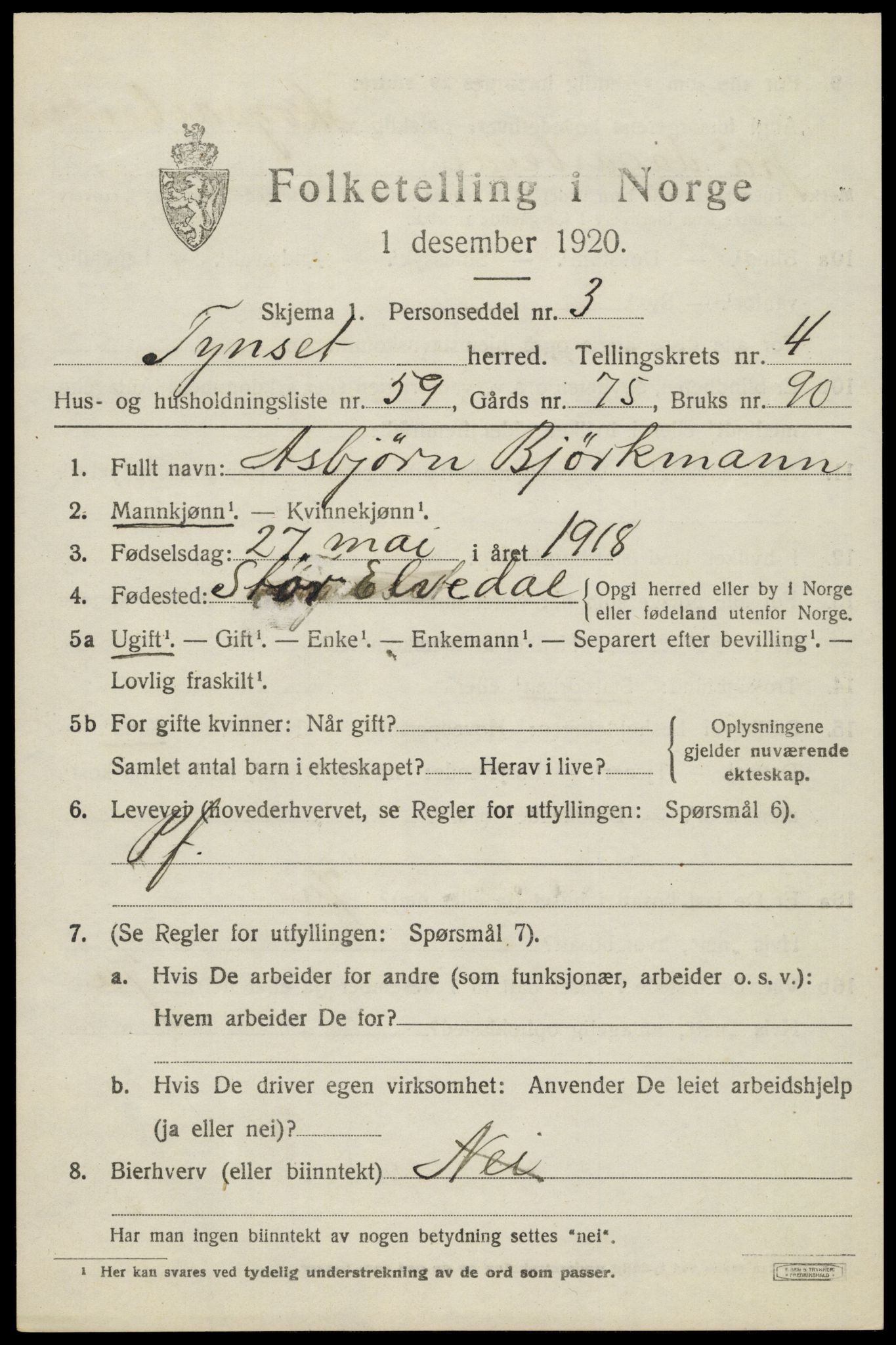 SAH, 1920 census for Tynset, 1920, p. 3954