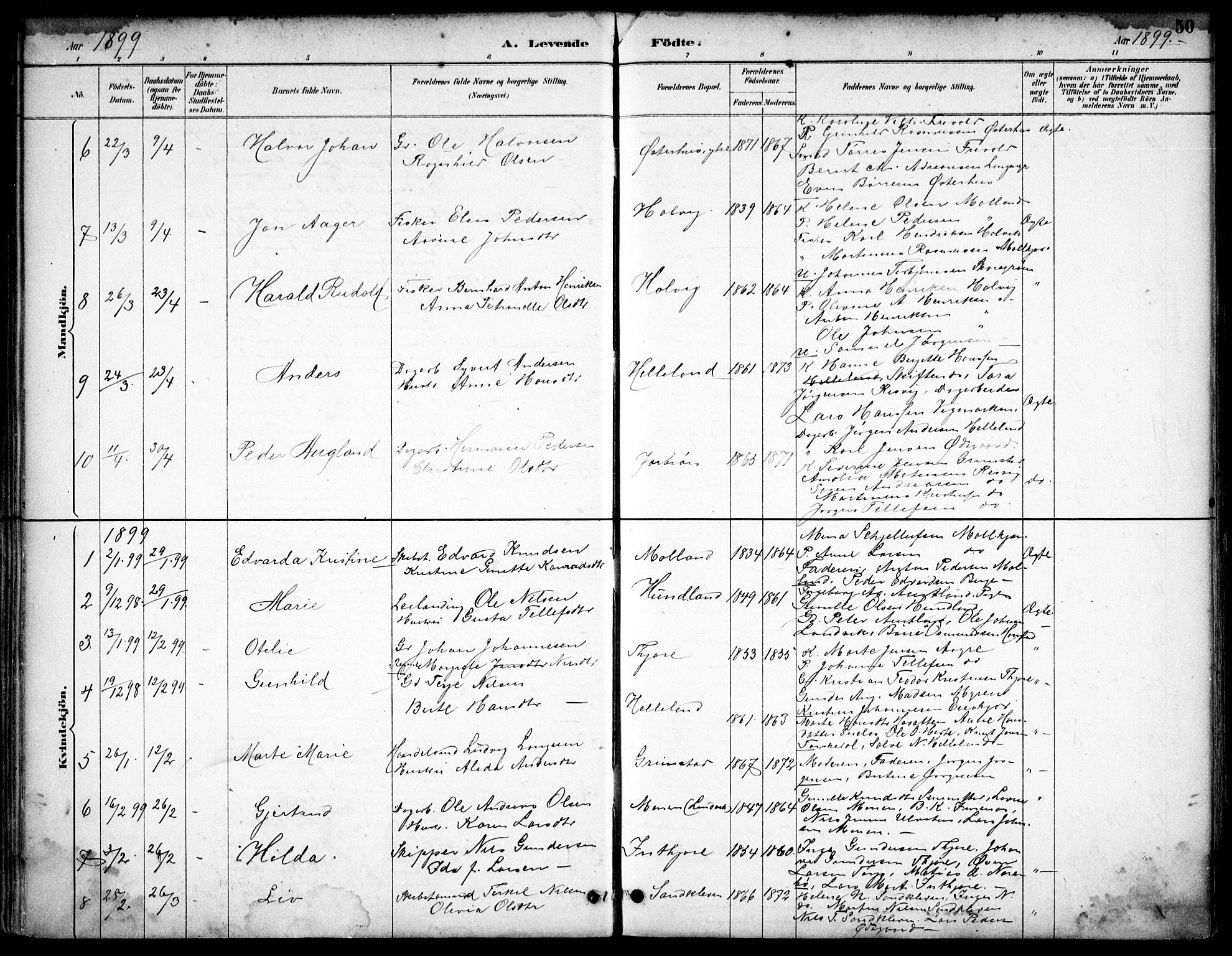 Hommedal sokneprestkontor, SAK/1111-0023/F/Fb/Fbb/L0007: Parish register (copy) no. B 7, 1885-1904, p. 50