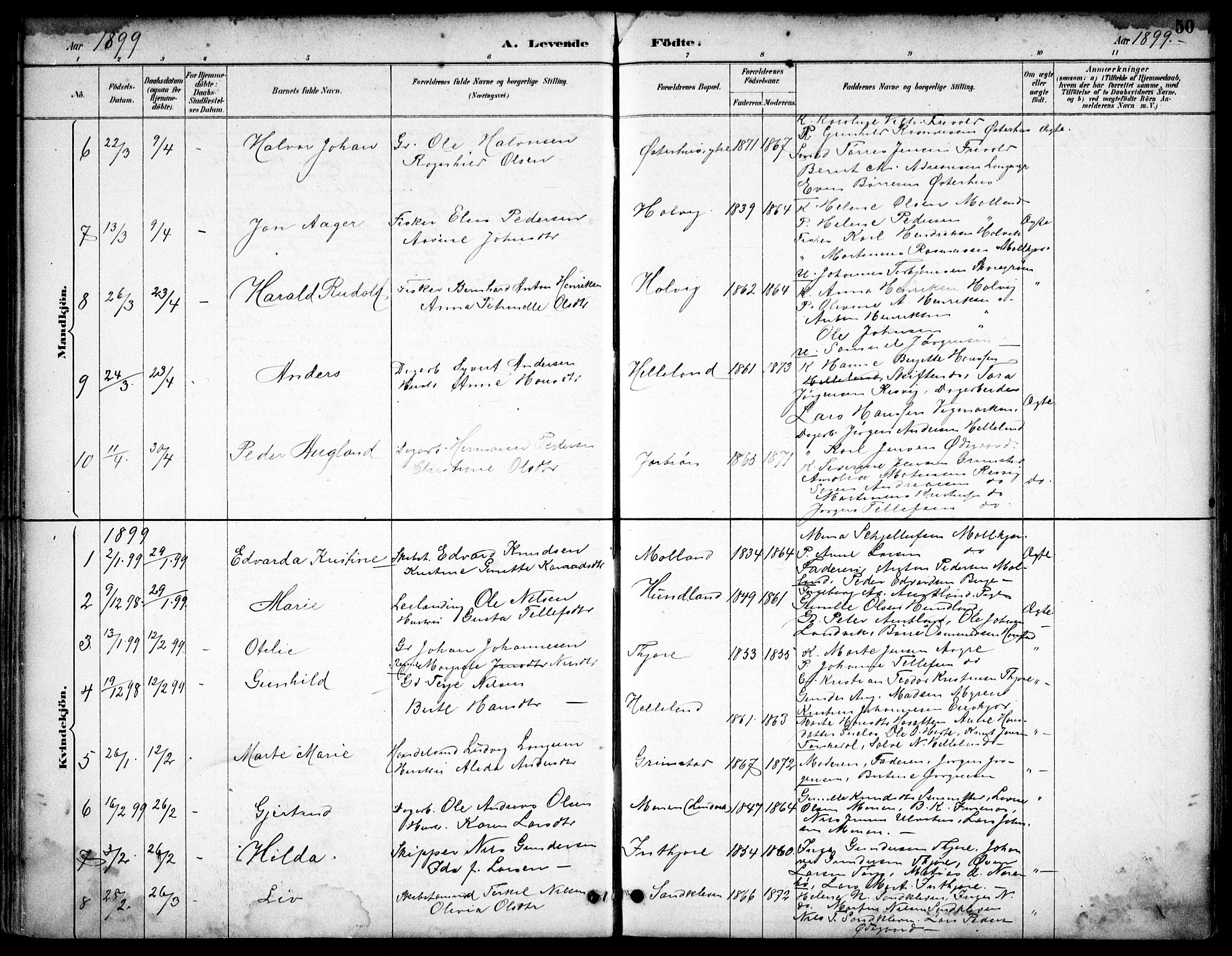 Hommedal sokneprestkontor, AV/SAK-1111-0023/F/Fb/Fbb/L0007: Parish register (copy) no. B 7, 1885-1904, p. 50