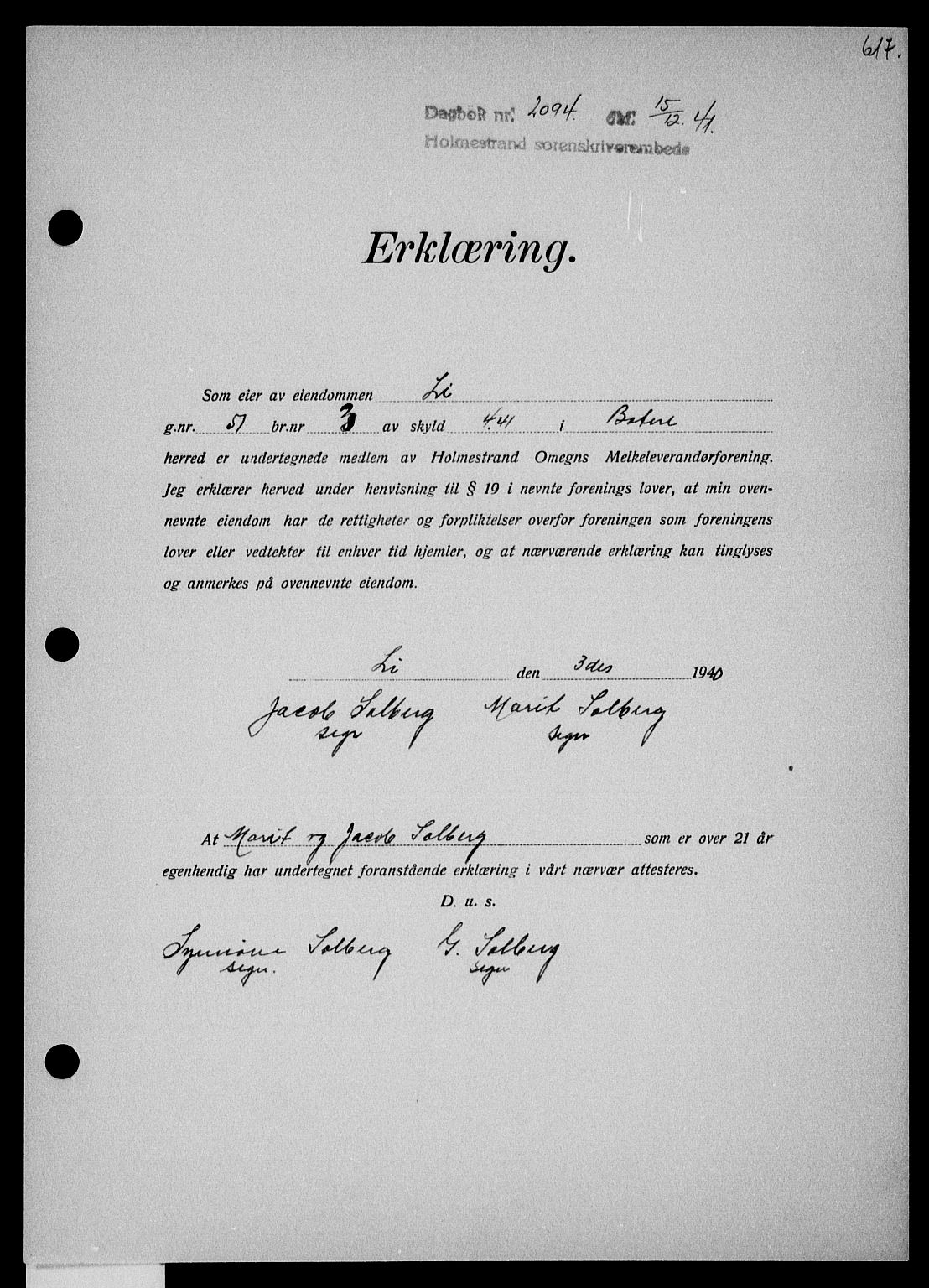 Holmestrand sorenskriveri, SAKO/A-67/G/Ga/Gaa/L0054: Mortgage book no. A-54, 1941-1942, Diary no: : 2094/1941