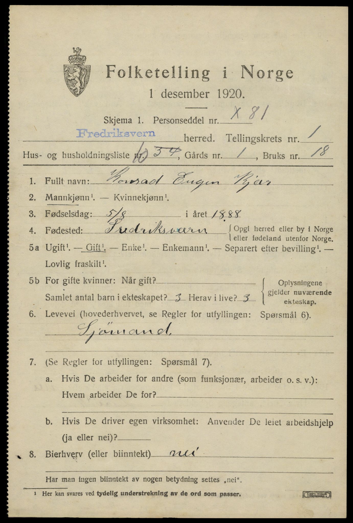 SAKO, 1920 census for Fredriksvern, 1920, p. 611