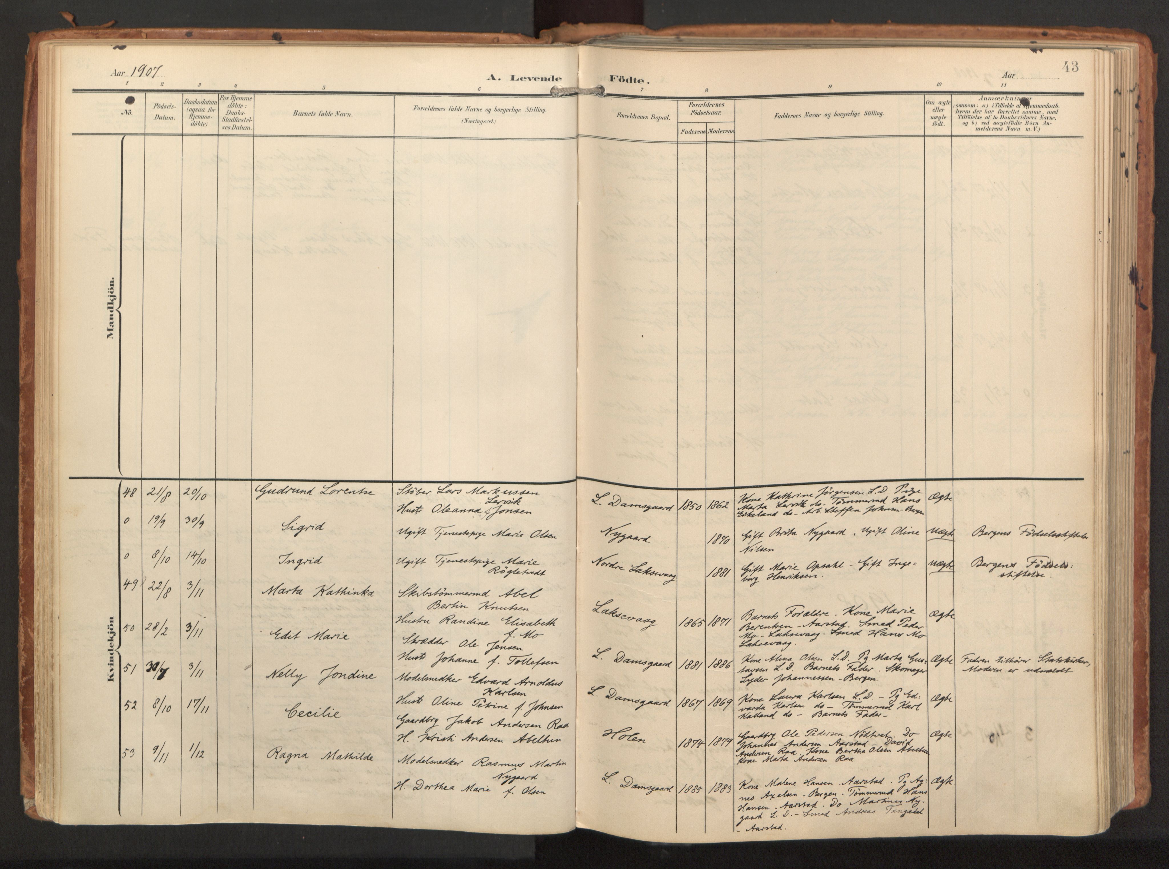 Laksevåg Sokneprestembete, AV/SAB-A-76501/H/Ha/Haa/Haaa/L0001: Parish register (official) no. A 1, 1903-1917, p. 43