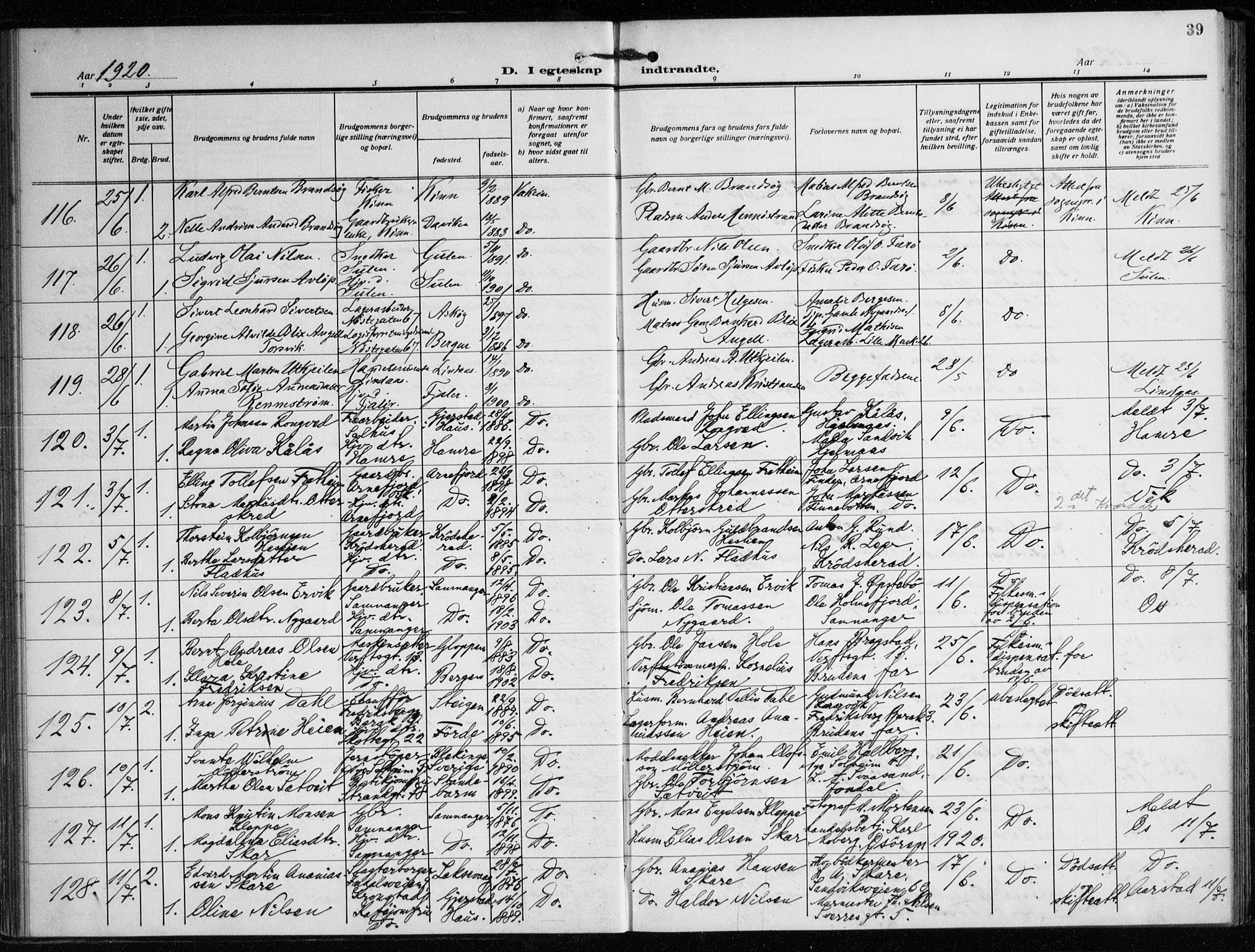 Nykirken Sokneprestembete, AV/SAB-A-77101/H/Haa/L0037: Parish register (official) no. D 7, 1918-1926, p. 39