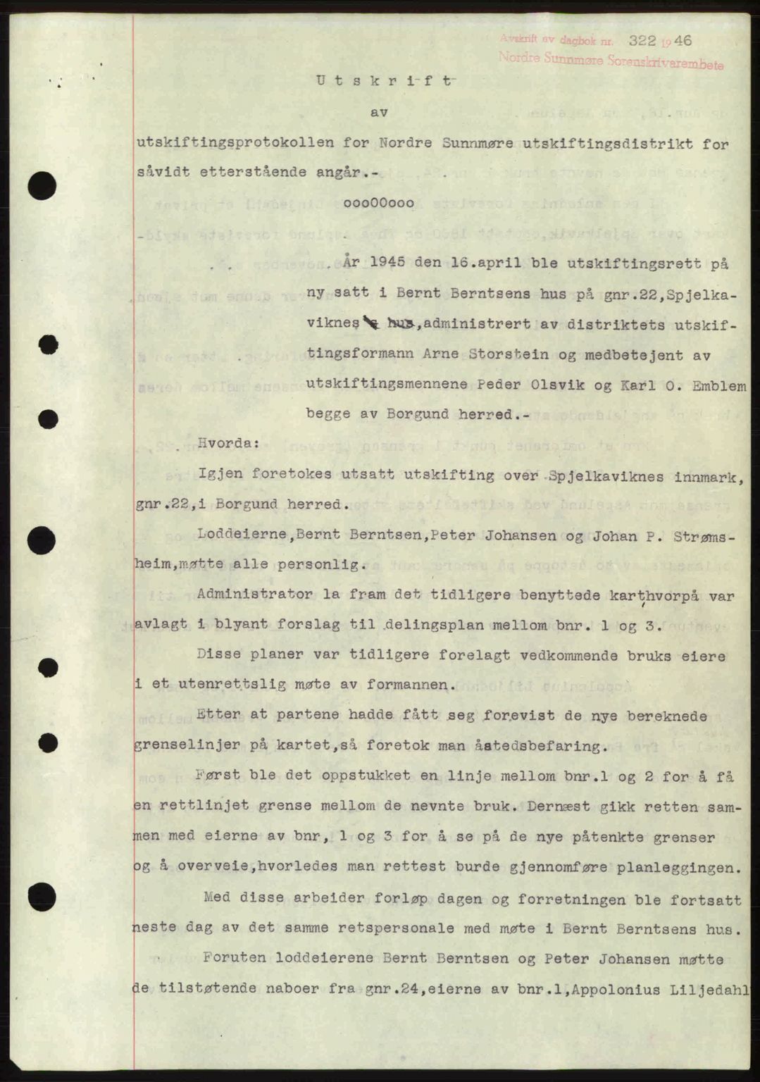 Nordre Sunnmøre sorenskriveri, AV/SAT-A-0006/1/2/2C/2Ca: Mortgage book no. A20b, 1946-1946, Diary no: : 322/1946