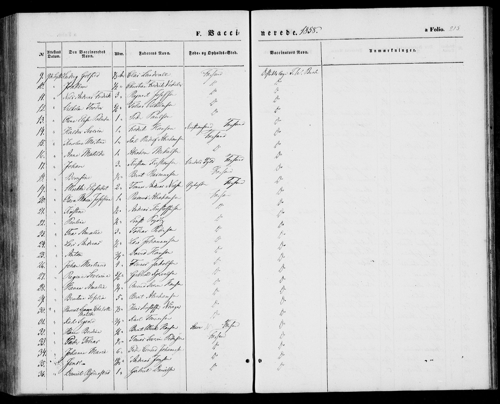 Farsund sokneprestkontor, AV/SAK-1111-0009/F/Fa/L0004: Parish register (official) no. A 4, 1847-1863, p. 215