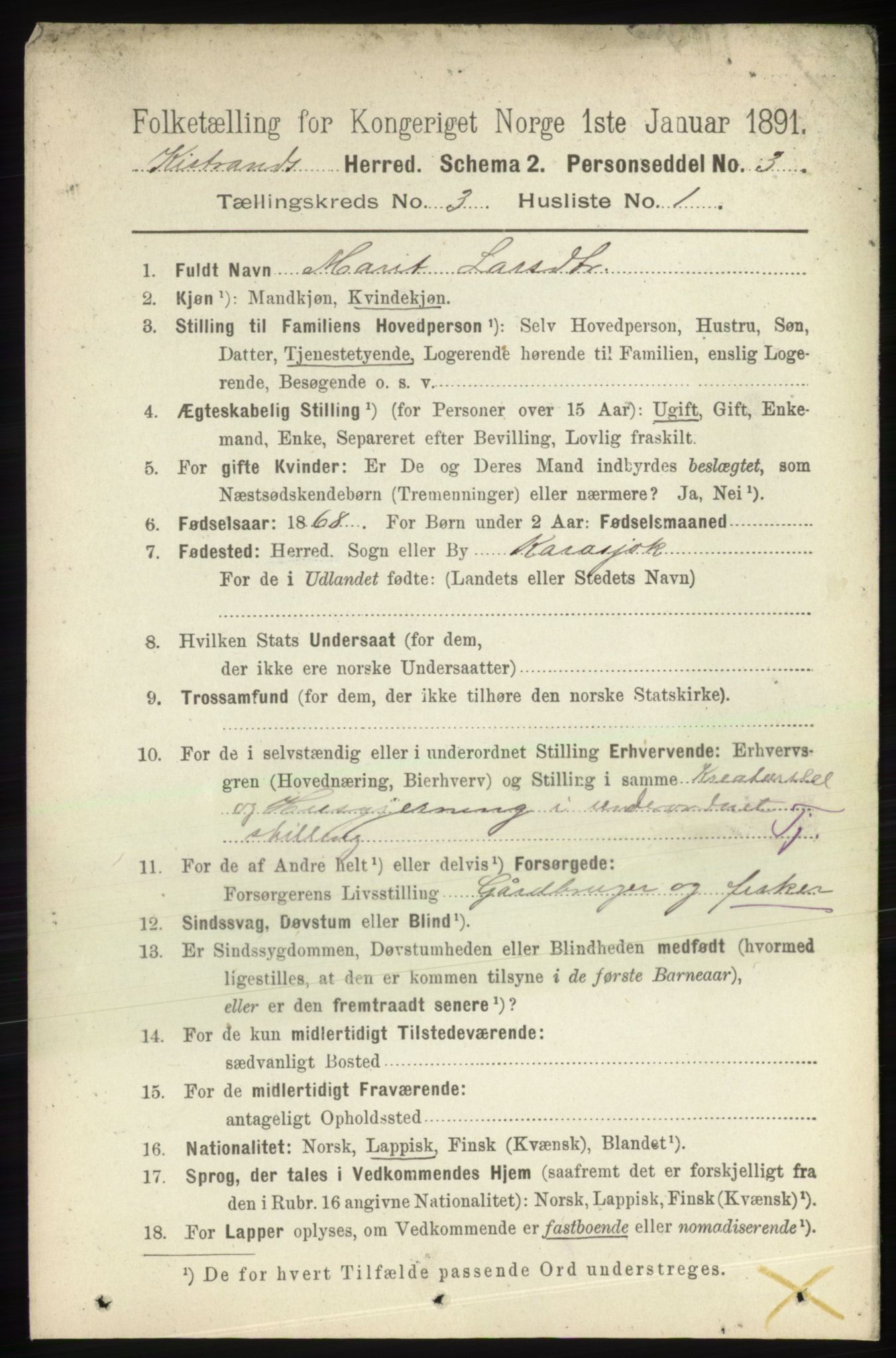 RA, 1891 census for 2020 Kistrand, 1891, p. 1272