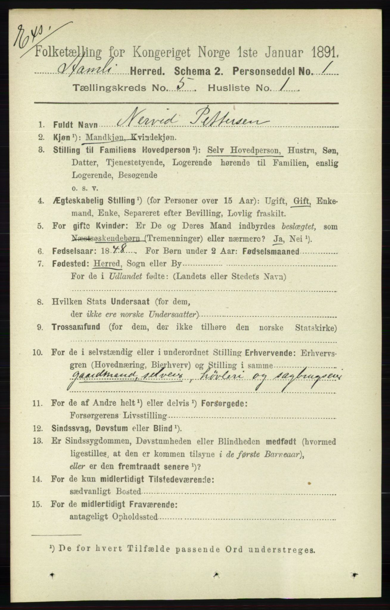 RA, Census 1891 for Nedenes amt: Gjenparter av personsedler for beslektede ektefeller, menn, 1891, p. 355