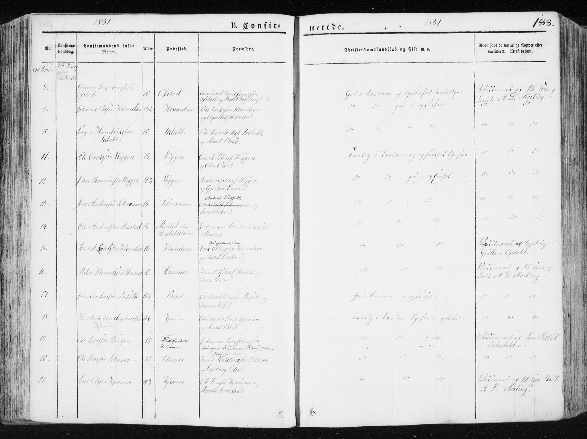 Ministerialprotokoller, klokkerbøker og fødselsregistre - Sør-Trøndelag, AV/SAT-A-1456/665/L0771: Parish register (official) no. 665A06, 1830-1856, p. 188