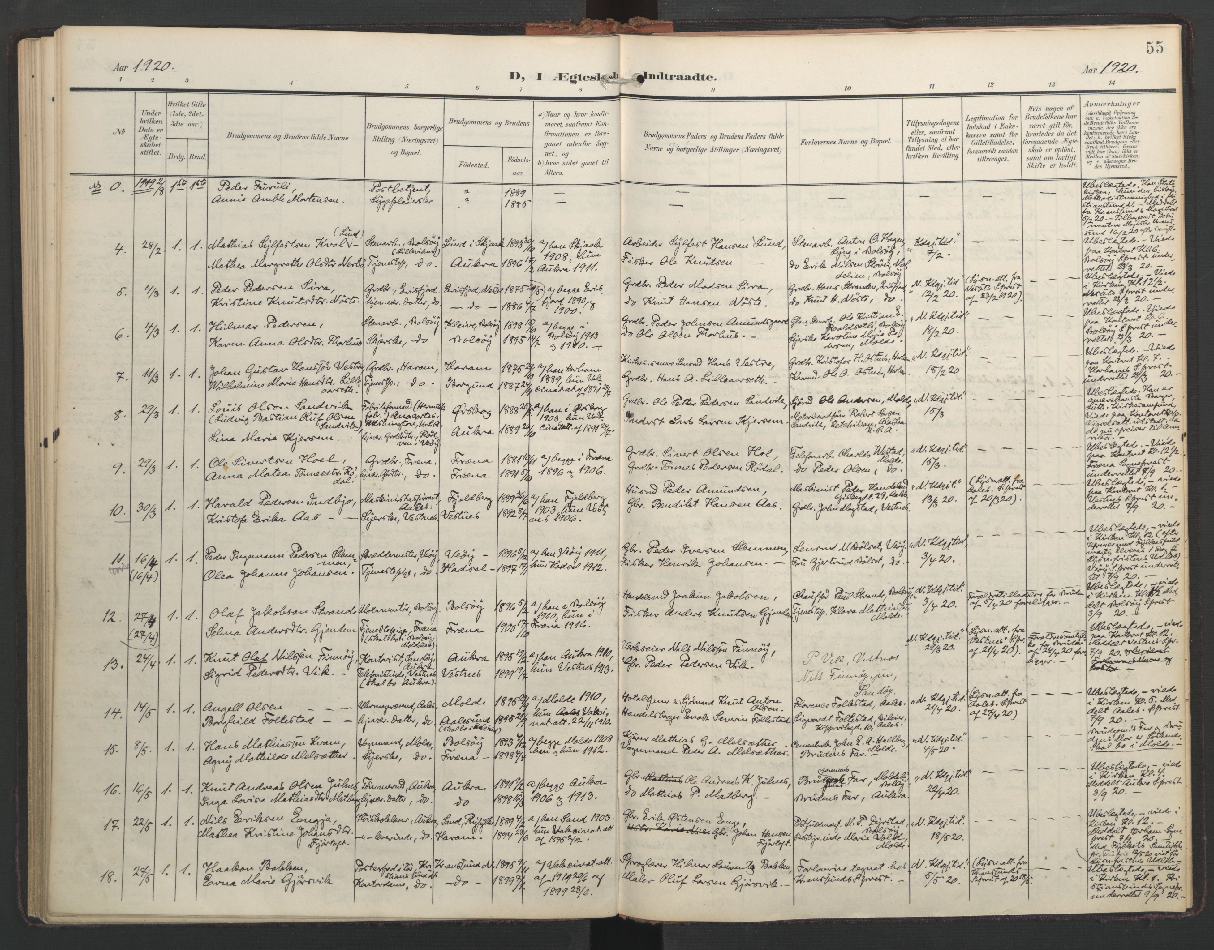 Ministerialprotokoller, klokkerbøker og fødselsregistre - Møre og Romsdal, SAT/A-1454/558/L0694: Parish register (official) no. 558A08, 1907-1922, p. 55