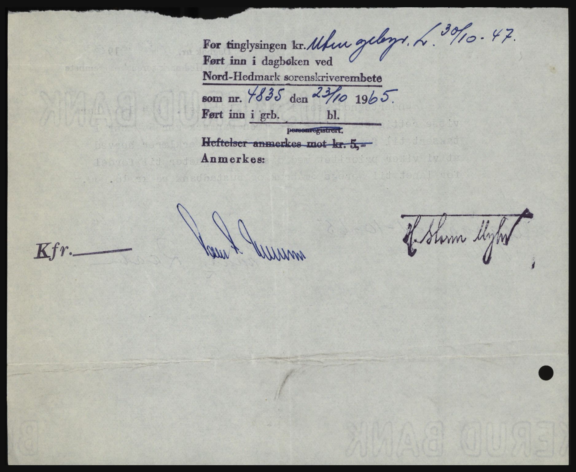 Nord-Hedmark sorenskriveri, SAH/TING-012/H/Hc/L0022: Mortgage book no. 22, 1965-1965, Diary no: : 4835/1965