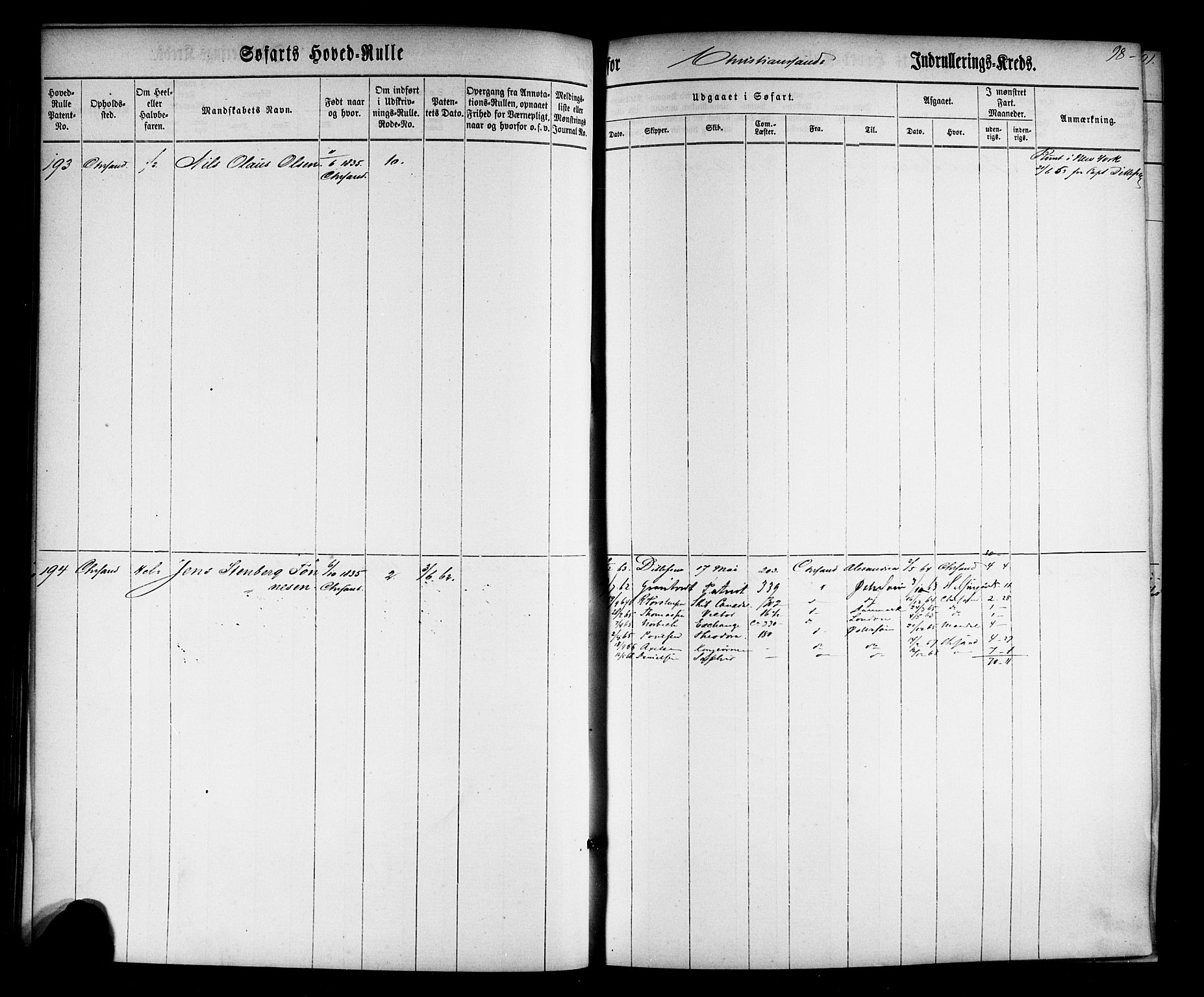 Kristiansand mønstringskrets, SAK/2031-0015/F/Fb/L0022: Hovedrulle nr 1-766, dublett, J-1, 1860-1870, p. 99