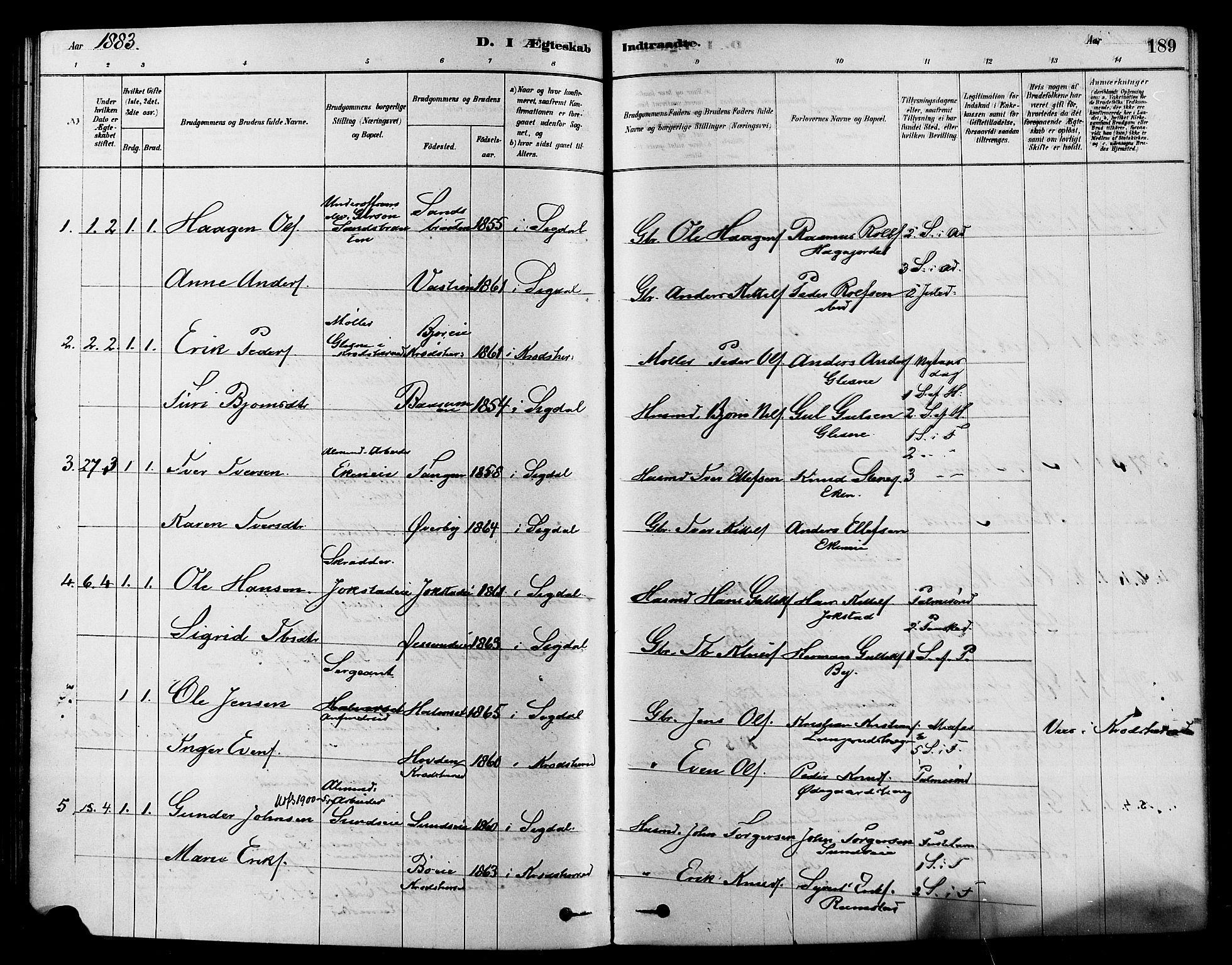 Sigdal kirkebøker, SAKO/A-245/F/Fa/L0011: Parish register (official) no. I 11, 1879-1887, p. 189