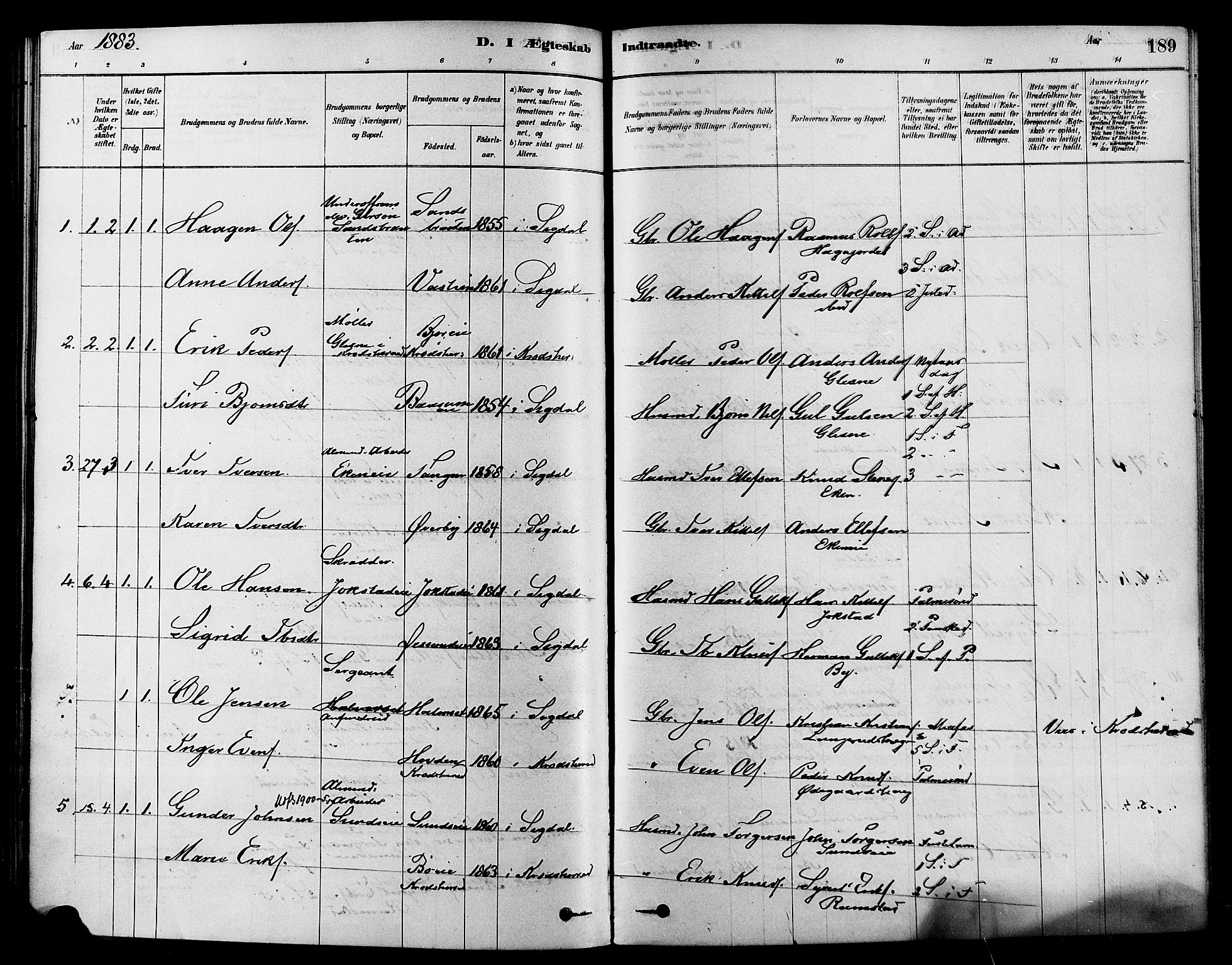 Sigdal kirkebøker, AV/SAKO-A-245/F/Fa/L0011: Parish register (official) no. I 11, 1879-1887, p. 189