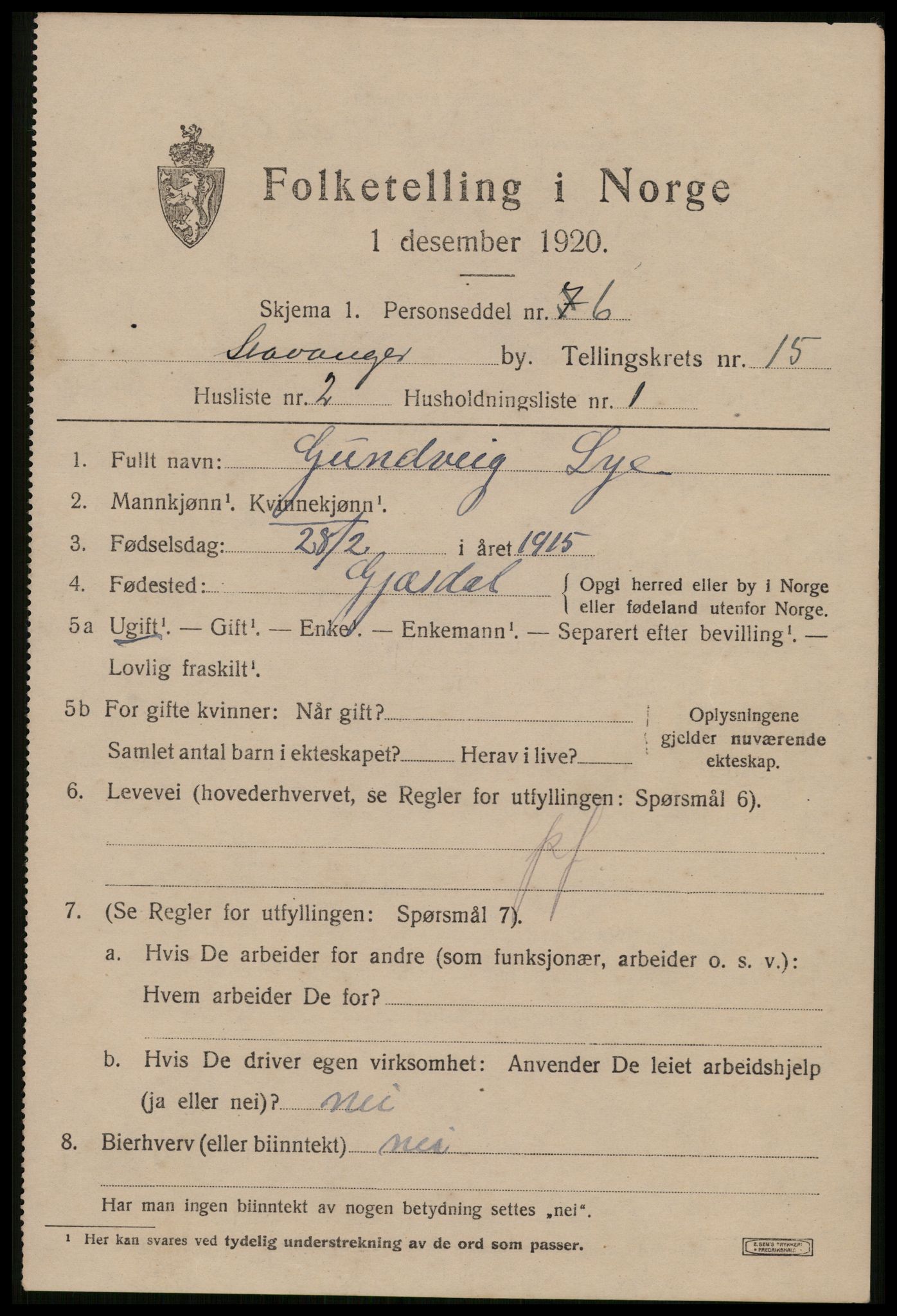 SAST, 1920 census for Stavanger, 1920, p. 61452