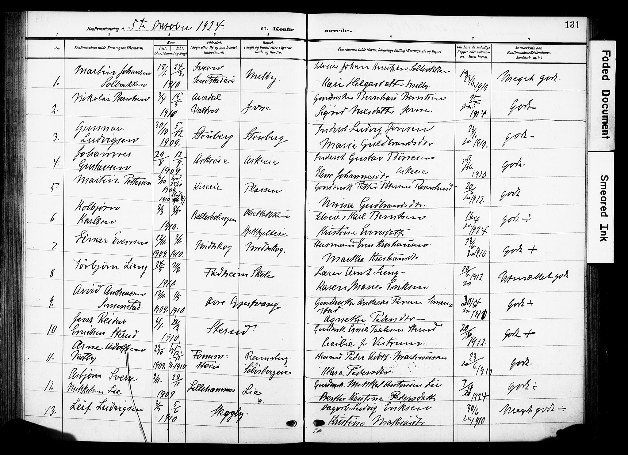 Nes prestekontor, Hedmark, SAH/PREST-020/K/Ka/L0013: Parish register (official) no. 13, 1906-1924, p. 131