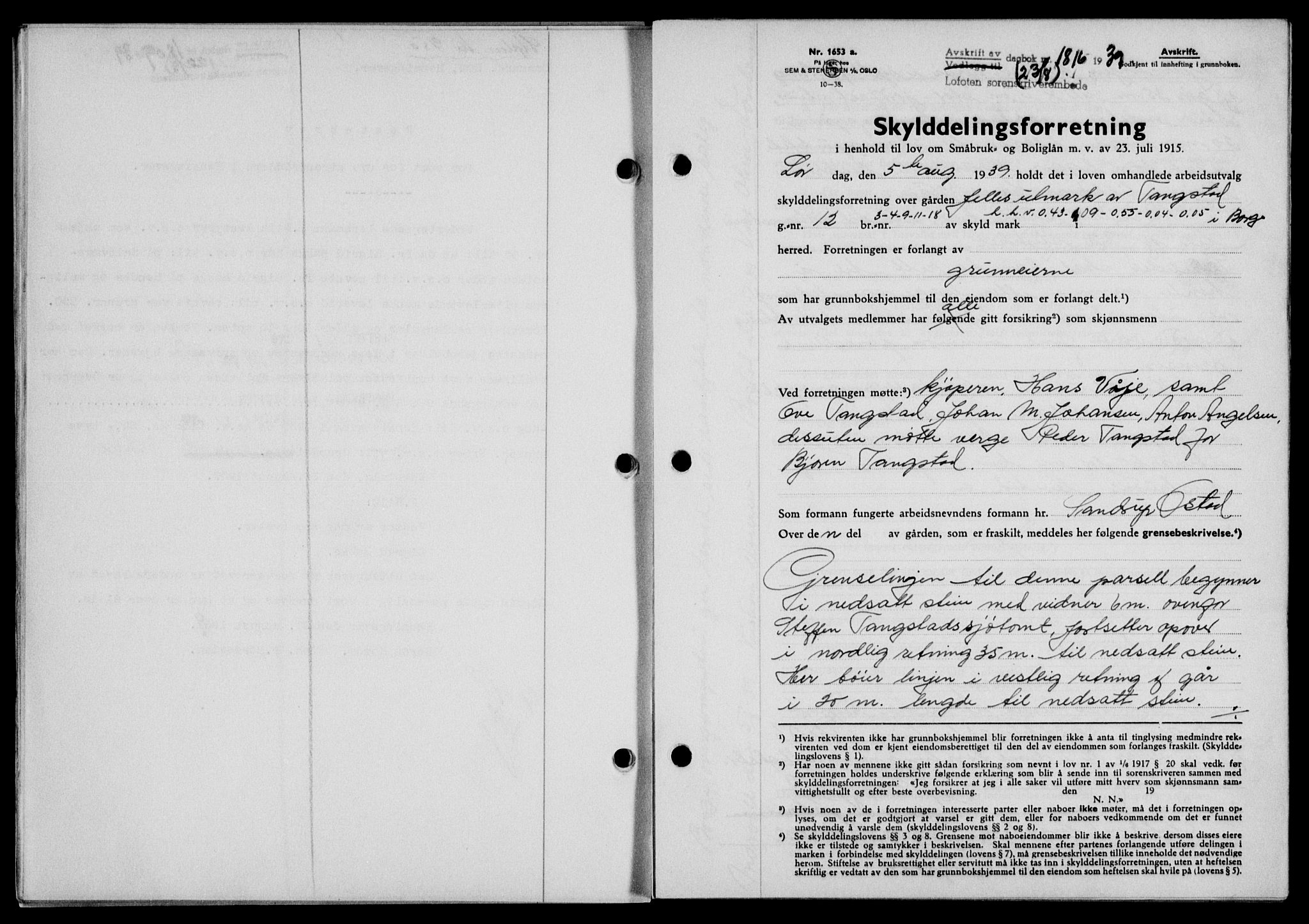 Lofoten sorenskriveri, SAT/A-0017/1/2/2C/L0006a: Mortgage book no. 6a, 1939-1939, Diary no: : 1816/1939