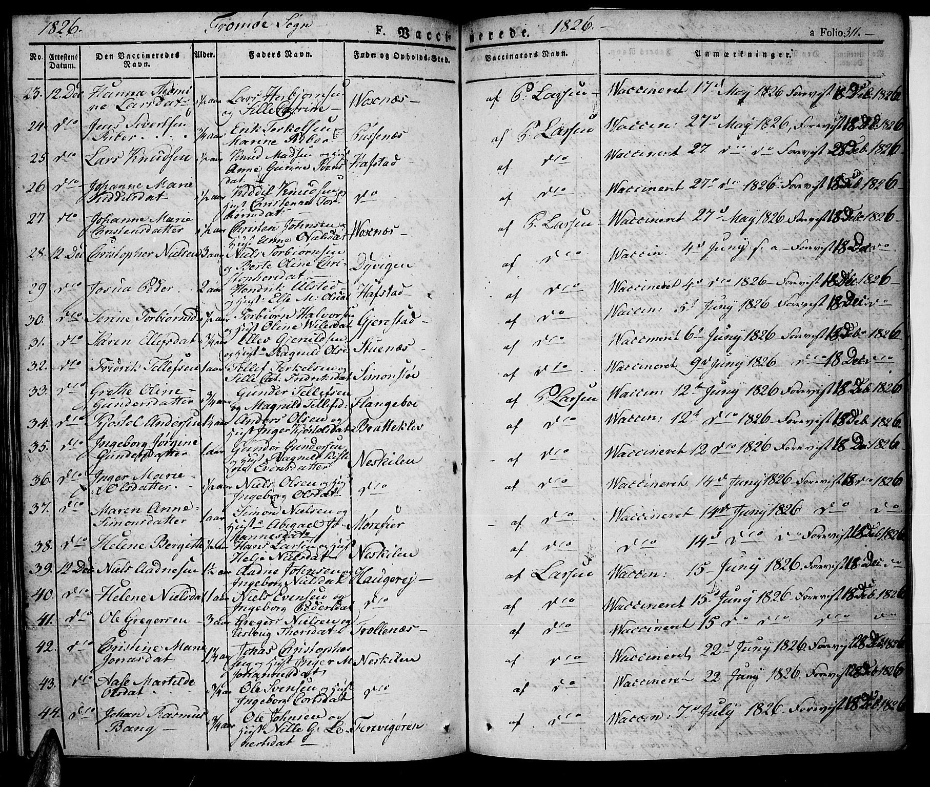 Tromøy sokneprestkontor, SAK/1111-0041/F/Fa/L0003: Parish register (official) no. A 3, 1825-1837, p. 311