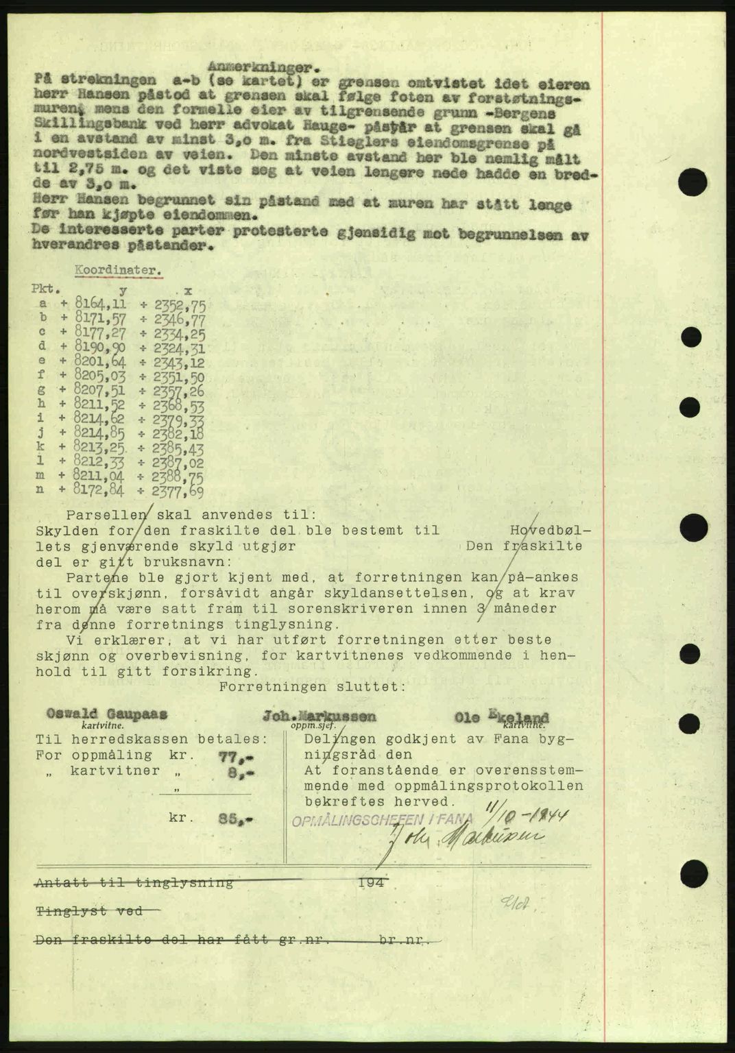 Midhordland sorenskriveri, AV/SAB-A-3001/1/G/Gb/Gbj/L0019: Mortgage book no. A37-38, 1944-1945, Diary no: : 3436/1944