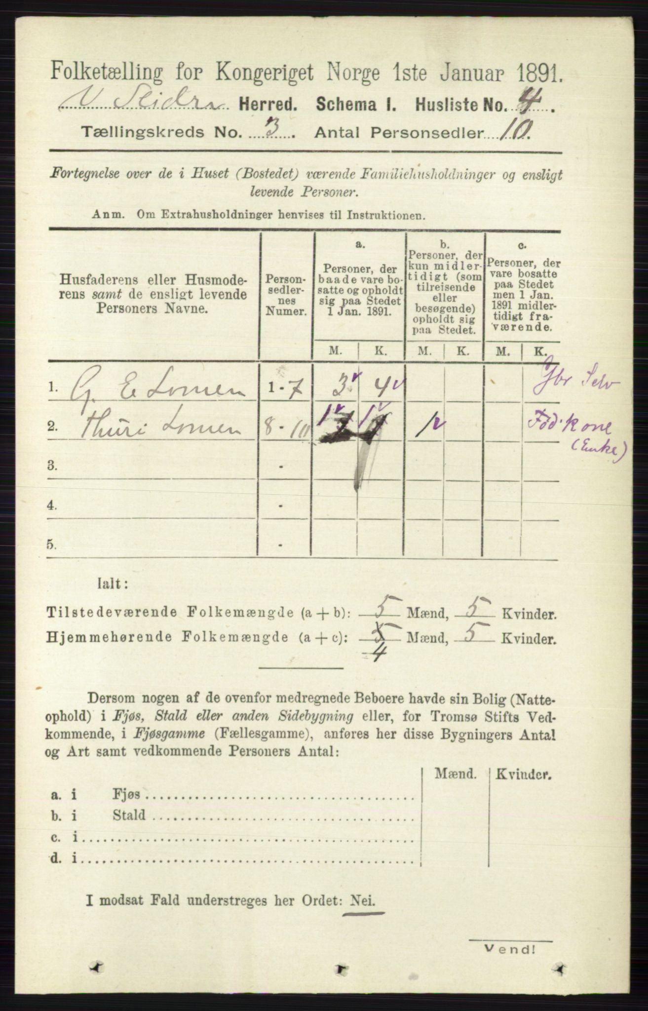 RA, 1891 census for 0543 Vestre Slidre, 1891, p. 767