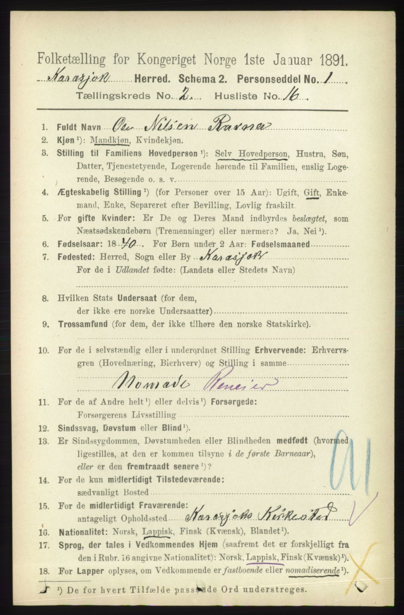 RA, 1891 census for 2021 Karasjok, 1891, p. 525