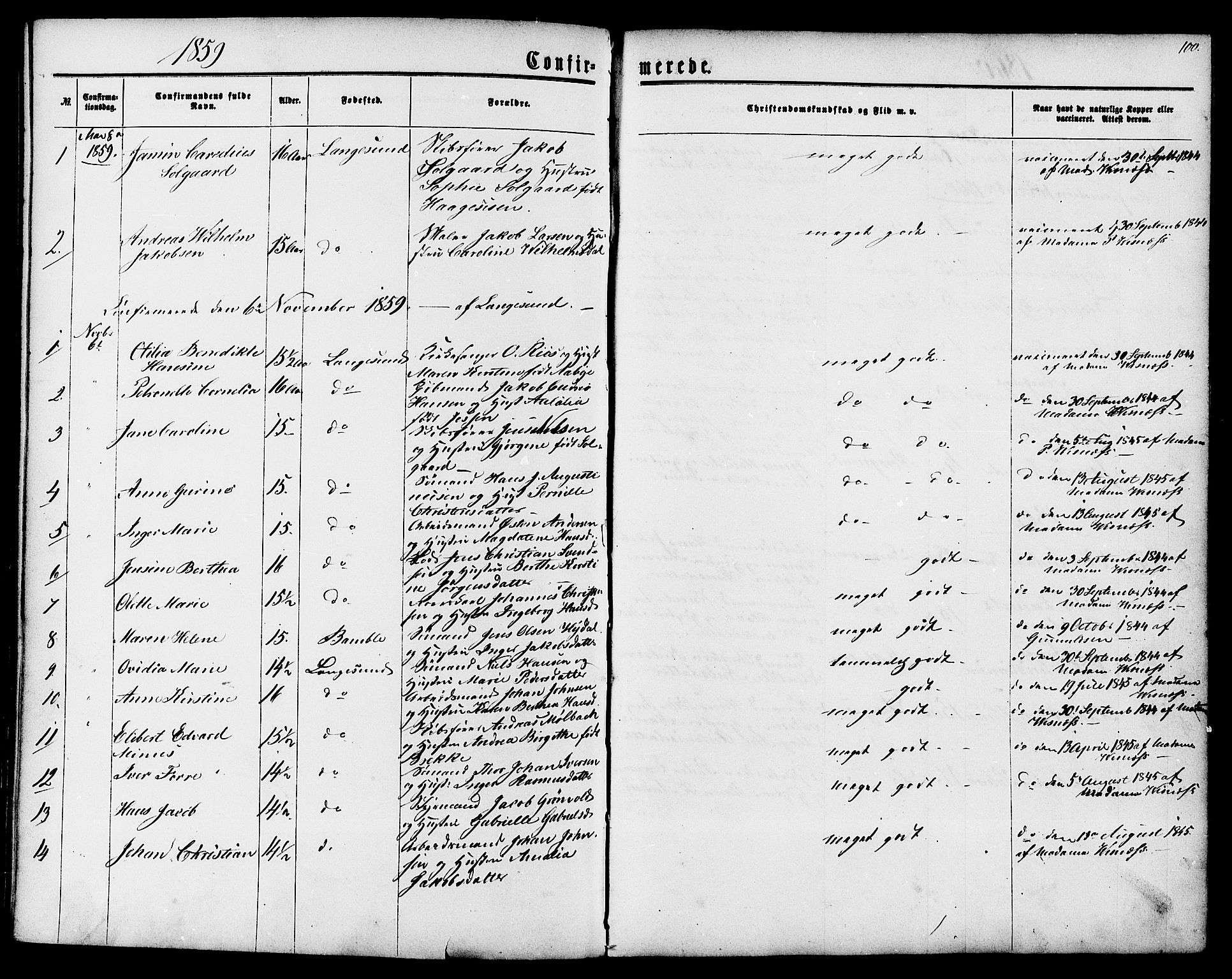 Langesund kirkebøker, SAKO/A-280/G/Ga/L0004: Parish register (copy) no. 4, 1859-1884, p. 100