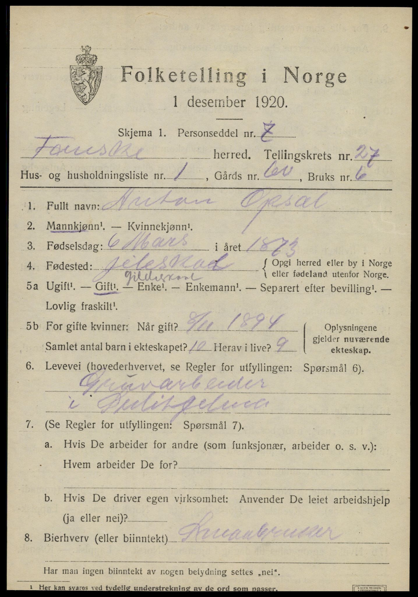 SAT, 1920 census for Fauske, 1920, p. 16202
