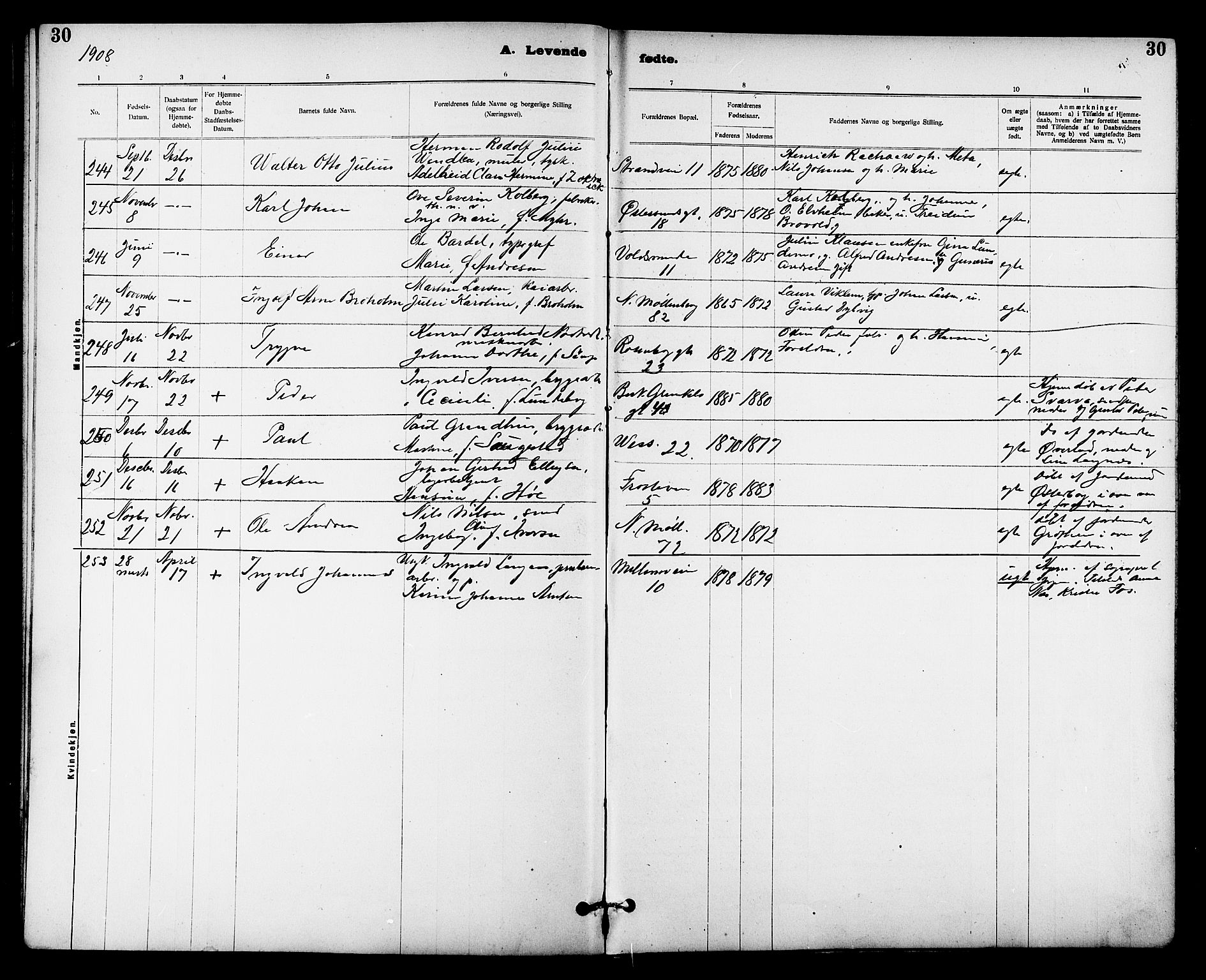 Ministerialprotokoller, klokkerbøker og fødselsregistre - Sør-Trøndelag, SAT/A-1456/605/L0254: Parish register (copy) no. 605C01, 1908-1916, p. 30