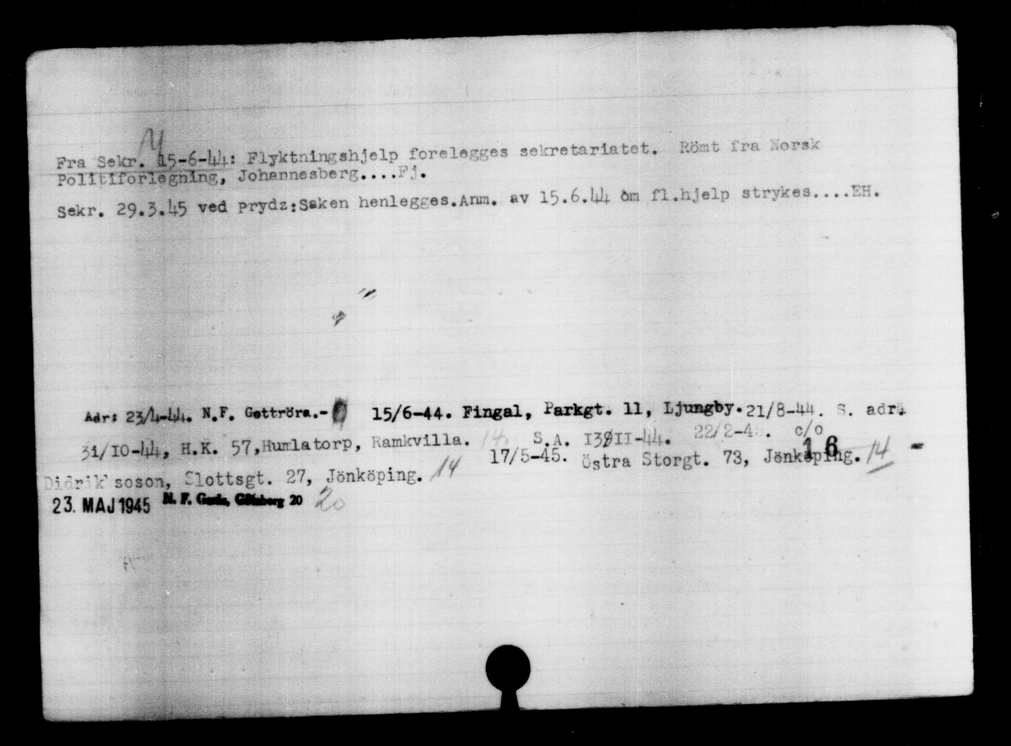 Utenriksstasjonene, Legasjonen i Stockholm, Flyktningkontoret, AV/RA-S-6753/V/Va/L0004: Kjesäterkartoteket, flyktninger med registreringsnr. 3496-6610, 1940-1945, p. 1493