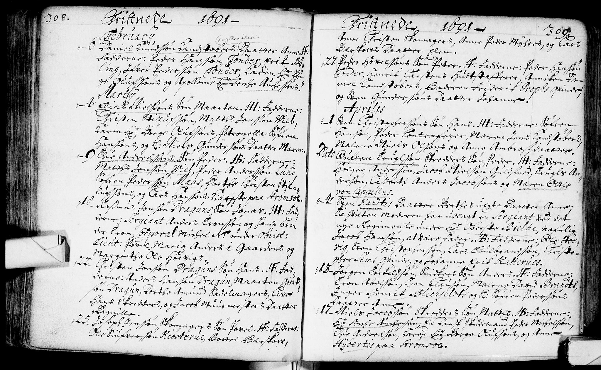 Bragernes kirkebøker, SAKO/A-6/F/Fa/L0002: Parish register (official) no. I 2, 1680-1705, p. 308-309