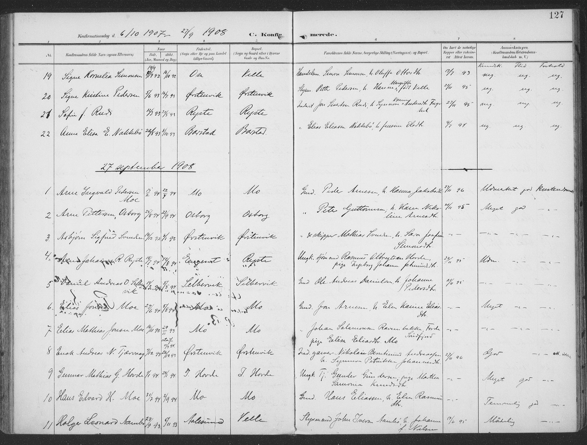 Ministerialprotokoller, klokkerbøker og fødselsregistre - Møre og Romsdal, SAT/A-1454/513/L0178: Parish register (official) no. 513A05, 1906-1919, p. 127