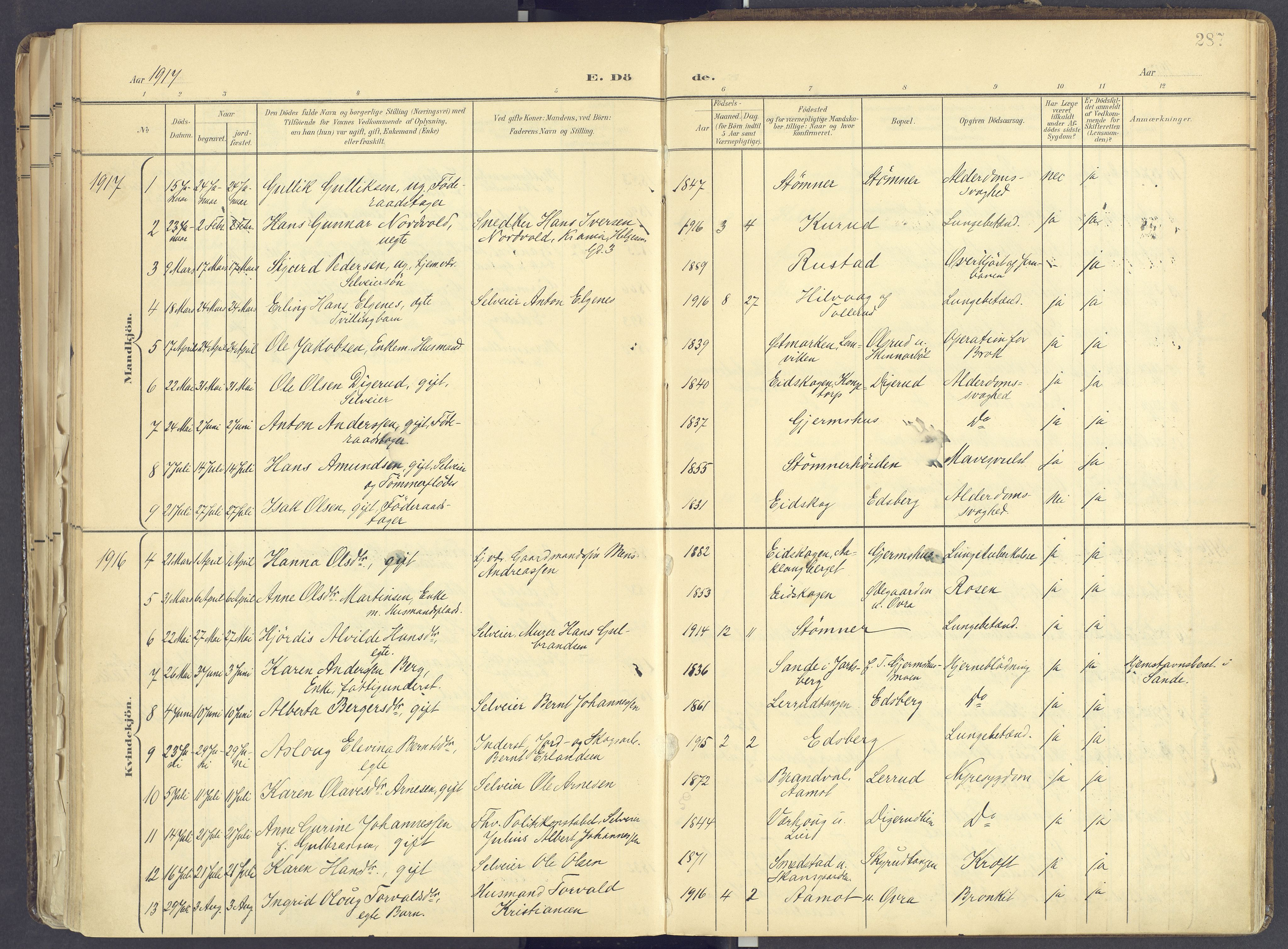 Vinger prestekontor, AV/SAH-PREST-024/H/Ha/Haa/L0017: Parish register (official) no. 17, 1901-1927, p. 287