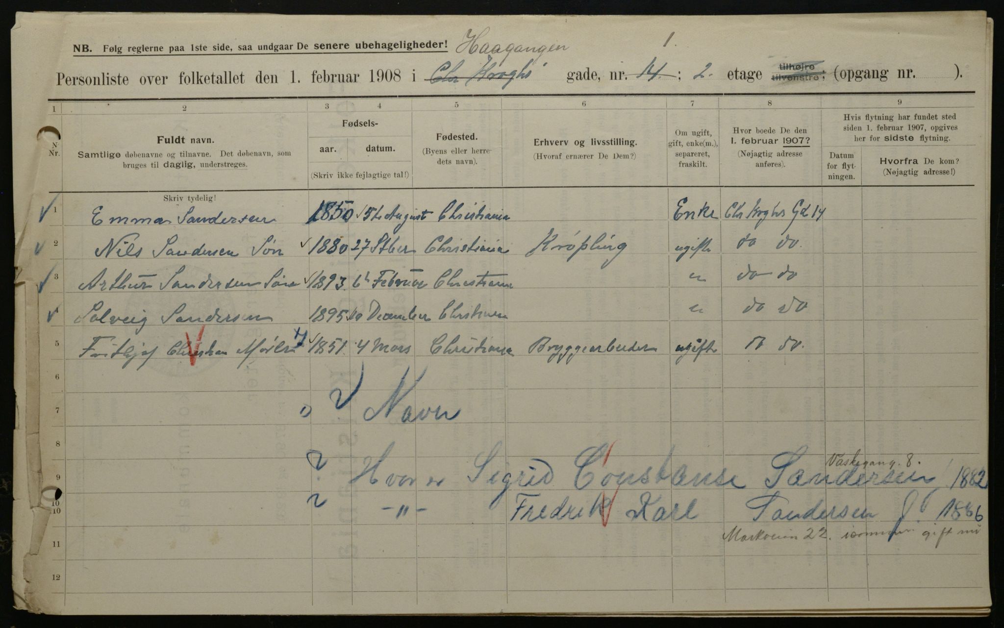 OBA, Municipal Census 1908 for Kristiania, 1908, p. 38381