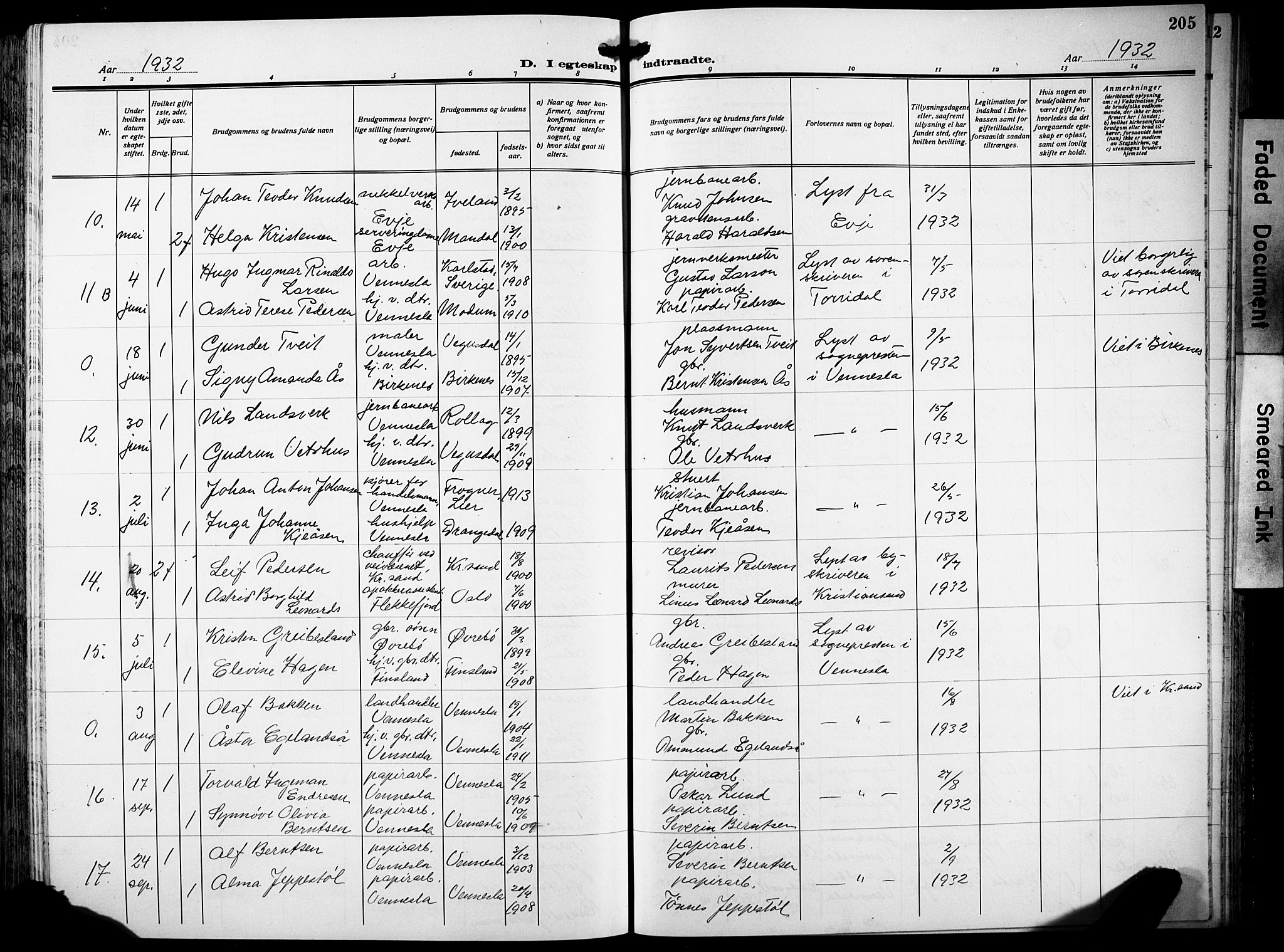 Vennesla sokneprestkontor, SAK/1111-0045/Fb/Fbb/L0007: Parish register (copy) no. B 7, 1922-1933, p. 205