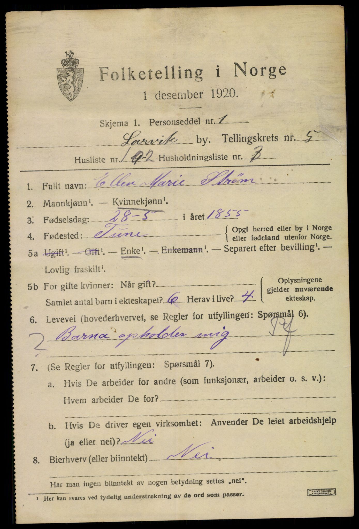 SAKO, 1920 census for Larvik, 1920, p. 17938